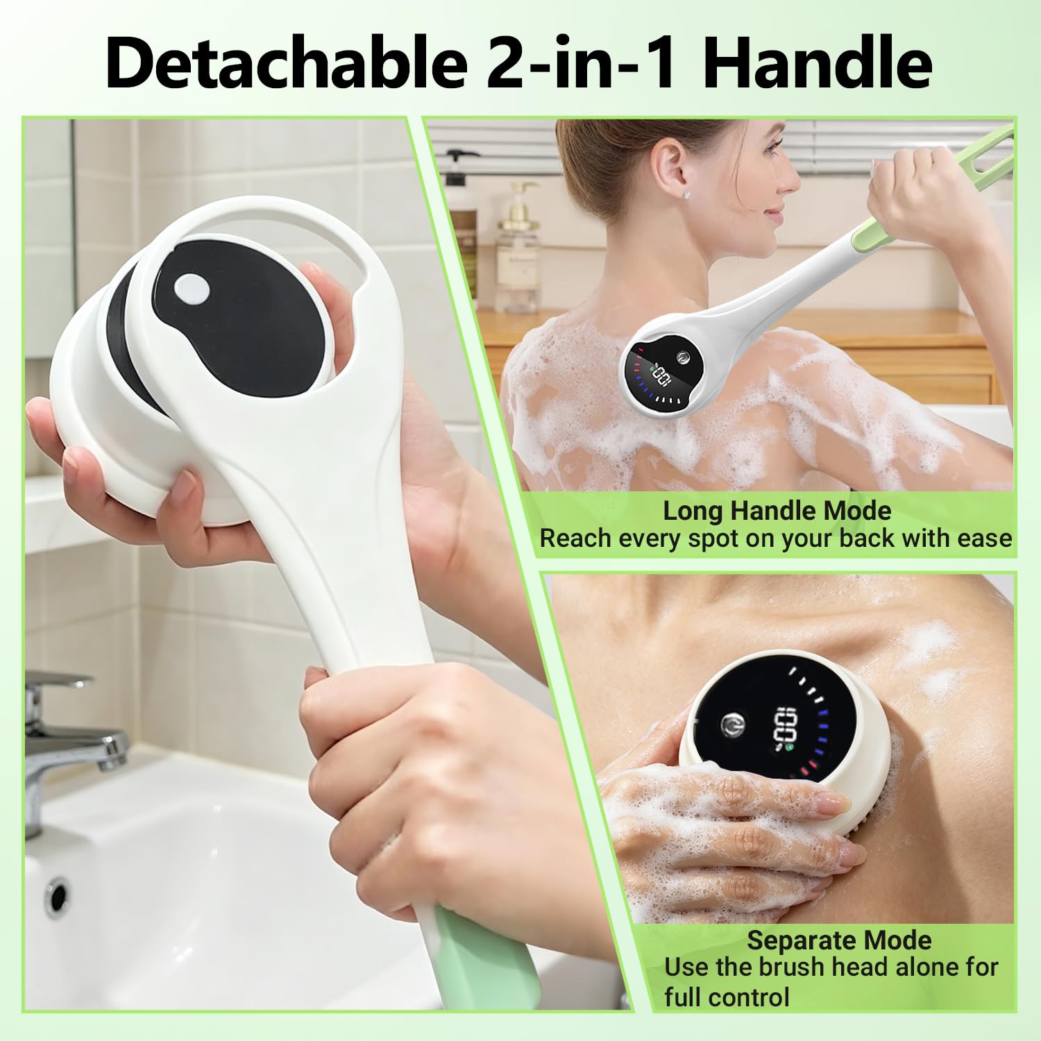 Rückenschrubber, Elektrischer Körperschrubber, Trockenbürste, IPX6 wasserdichte Körperbürste Wiederaufladbare USB-Aufladung mit Greenandle, Lotion-Applikator für Rücken, Grün