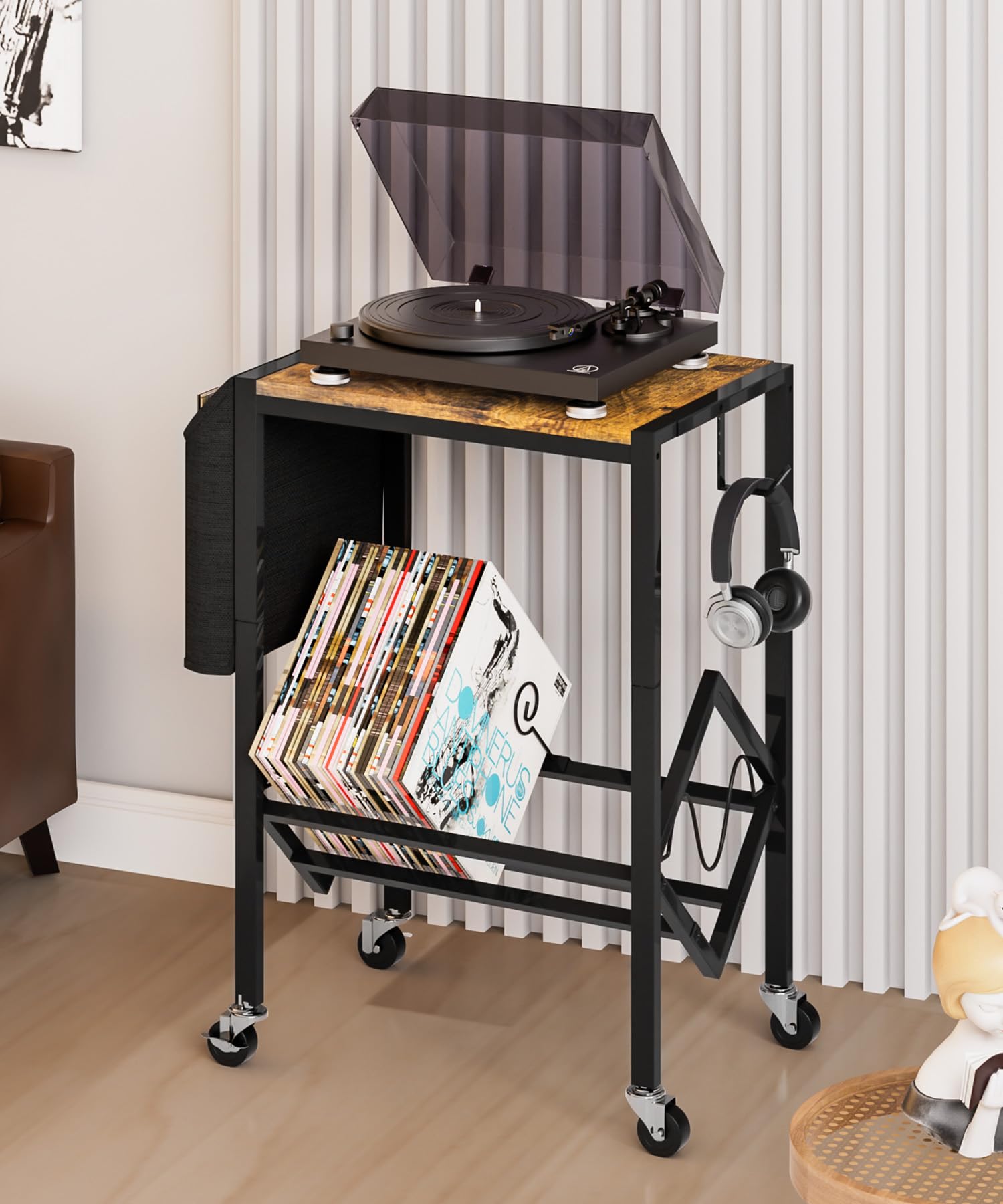 Yorbay Support pour Tourne-disques Vinyles avec Sac d’Organisation Table de Platine 2 Niveaux pour 200 Albums Disques CDs Cadeau pour Amateur de Musique Salon Chambre à Coucher - Noir