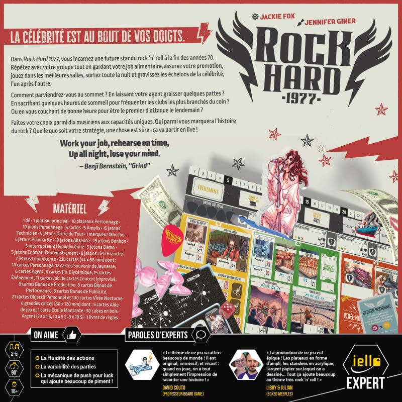 IELLO Expert Rock Hard 1977 – französische Version – Gesellschaftsspiel Experte für Management & Strategie – Karriere von Rock Star, Verträge, Konzerte & Ruhm | 2-5 Spieler | 45-90 Minuten | ab 14