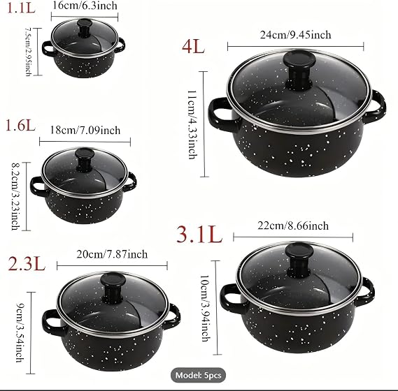 Enamelware Stockpot Set 5 Piece with Lid Handles 16-24cm