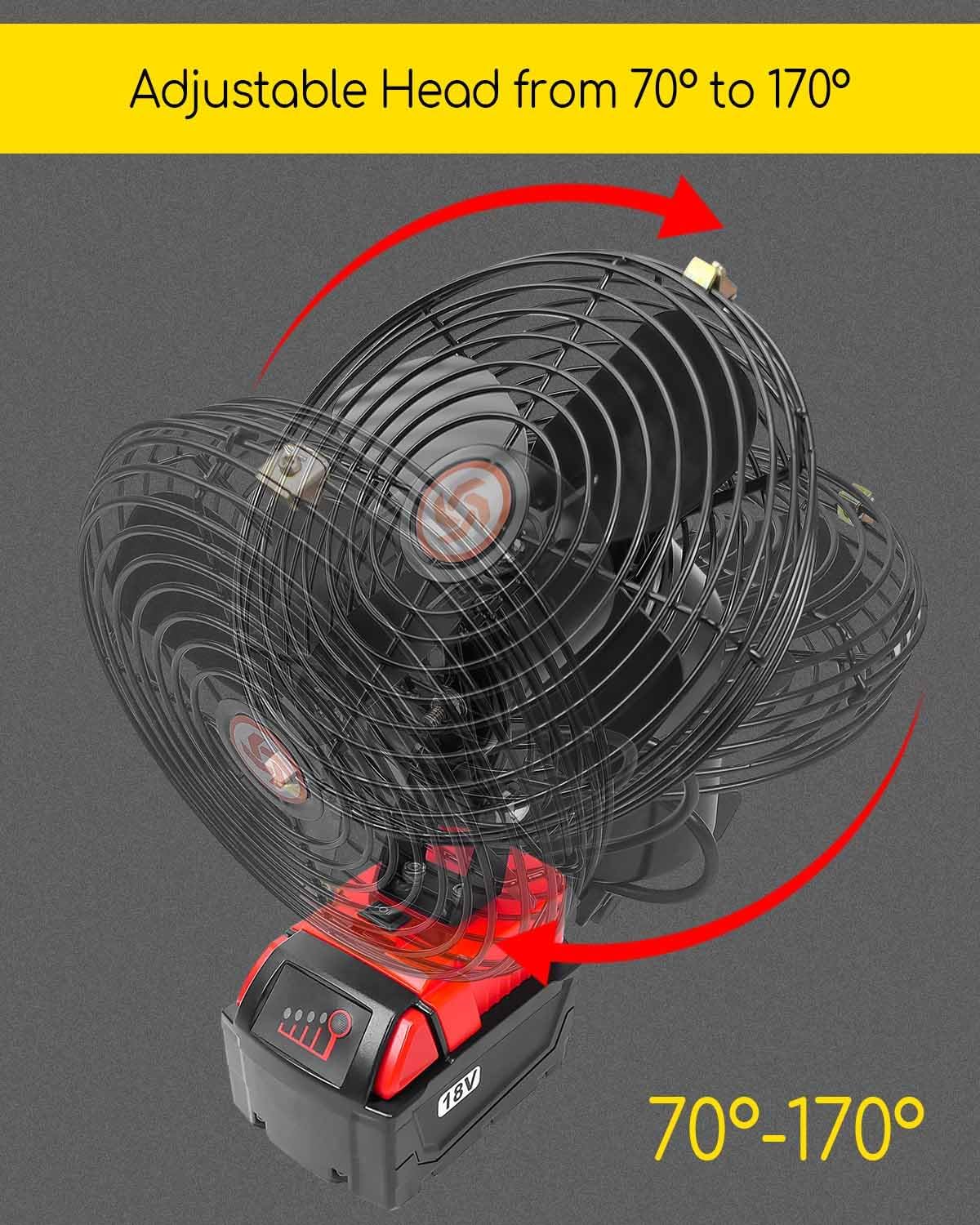 Portable Cordless Jobsite Fan Fit for 18V Milwaukee Battery, Outdoor Rechargeable Camping Fan 17W 3500RPM Brushless Cooler 70-170 Angle Adjustable with Low Voltage Protection