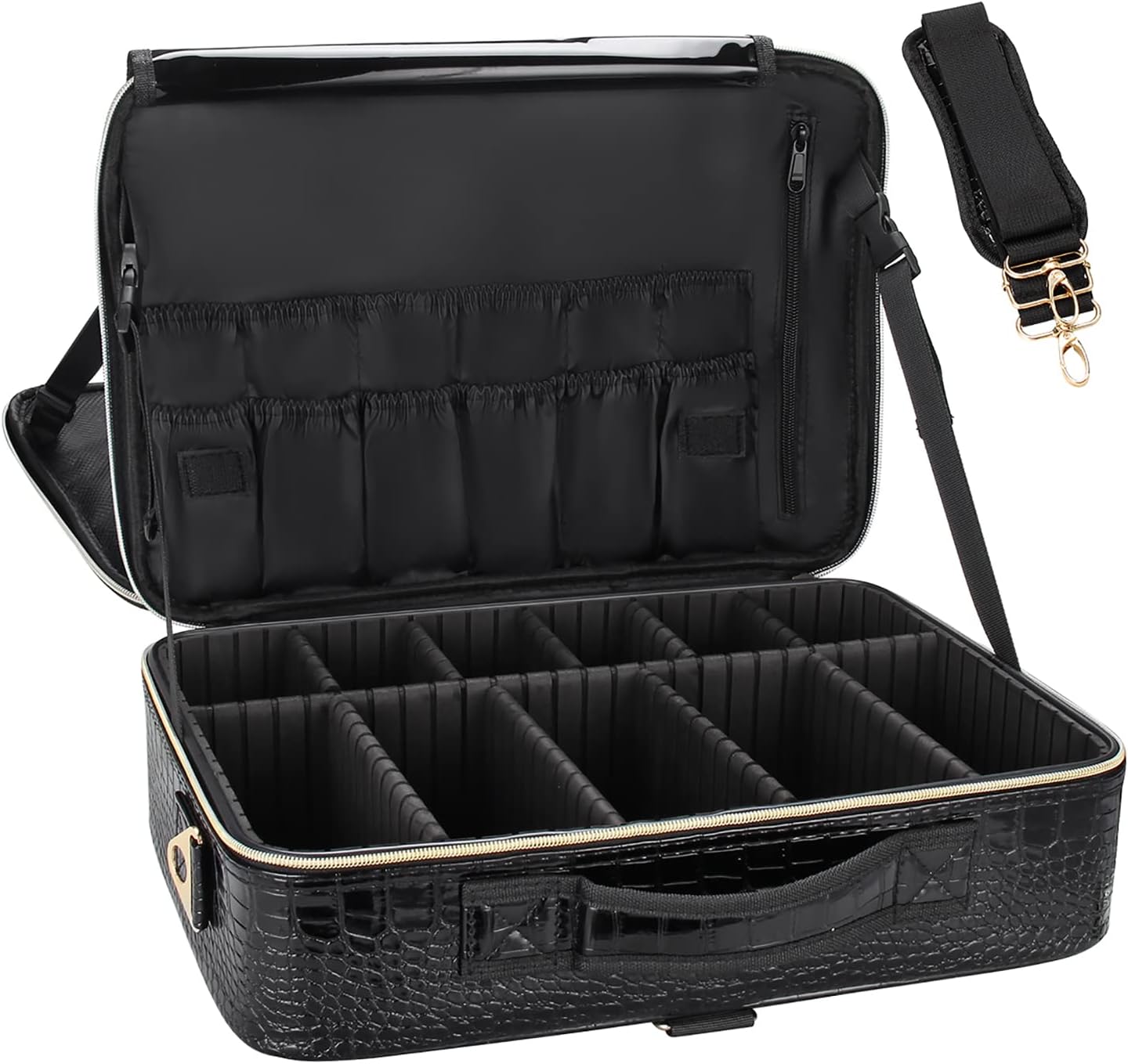 MONSTINA Makeup Case 3-layer Large Cosmetic Organizer PU Croc-printed Pattern Water-proof Makeup Bag With Adjustable Dividers Makeup Brushes Tools Storage Bag Travel Case