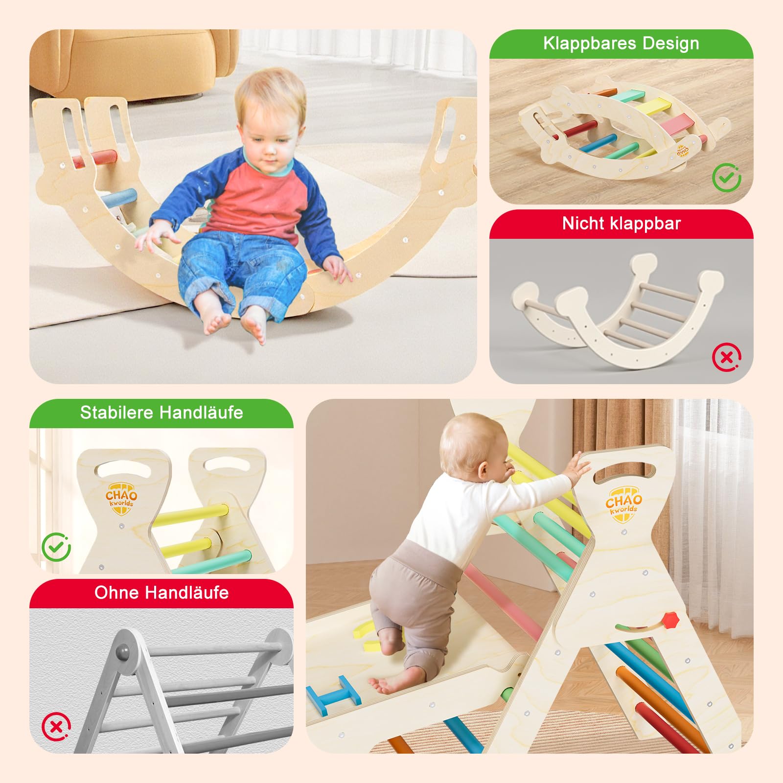 Pikler Dreieck 8-in-1 klappbar, Montessori Klettergerüst Indoor aus Holz mit Rutsche, Kletterbogen und Rampe für Kinder 1–6 Jahre stabil und platzsparend, Regenbogenfarben