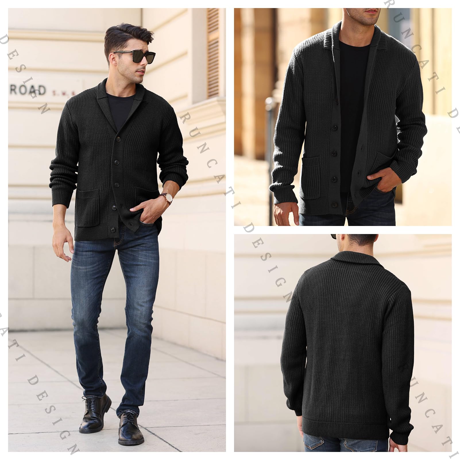 Runcati Chaqueta de punto grueso para hombre, informal, cuello chal, manga larga, con botones, jersey de punto