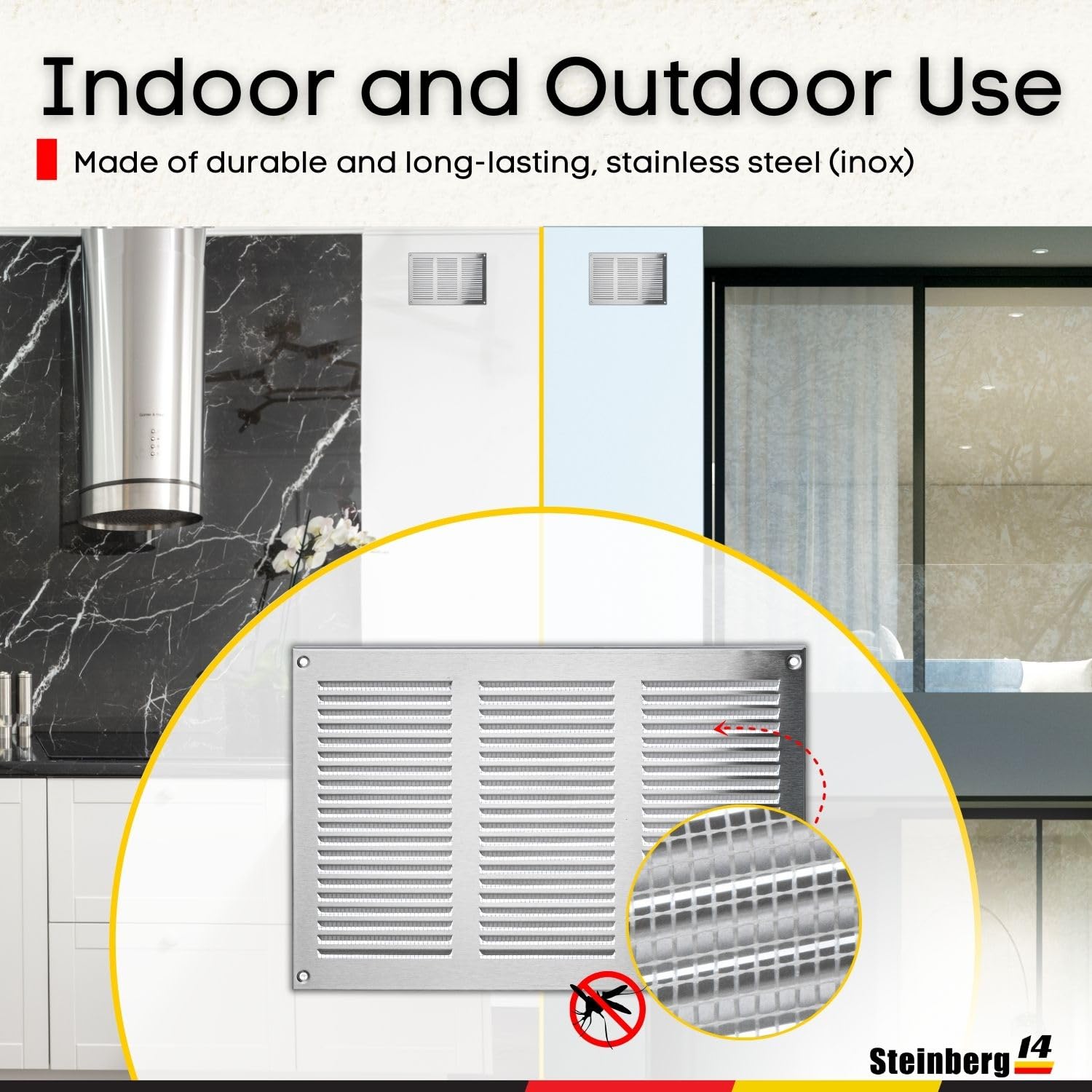 Steinberg14 Rejilla de Ventilación de Acero Inoxidable 300x200mm, con Protección Contra Insectos, ideal para ventilación, medidas 30x20 cm