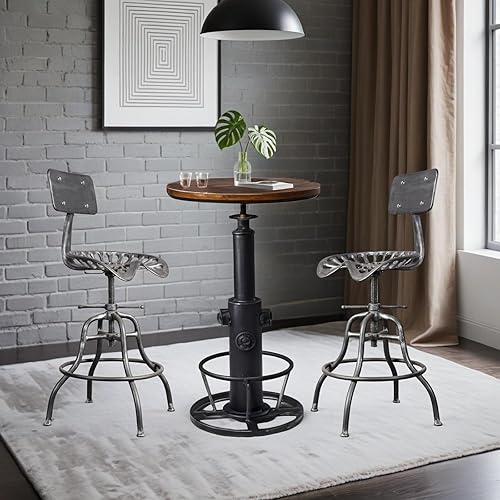 Miniatura 8 de Taburete de bar industrial, silla de tractor, silla de montar de granja, respaldo, encimera, altura ajustable, taburete de bar de hierro fundido de