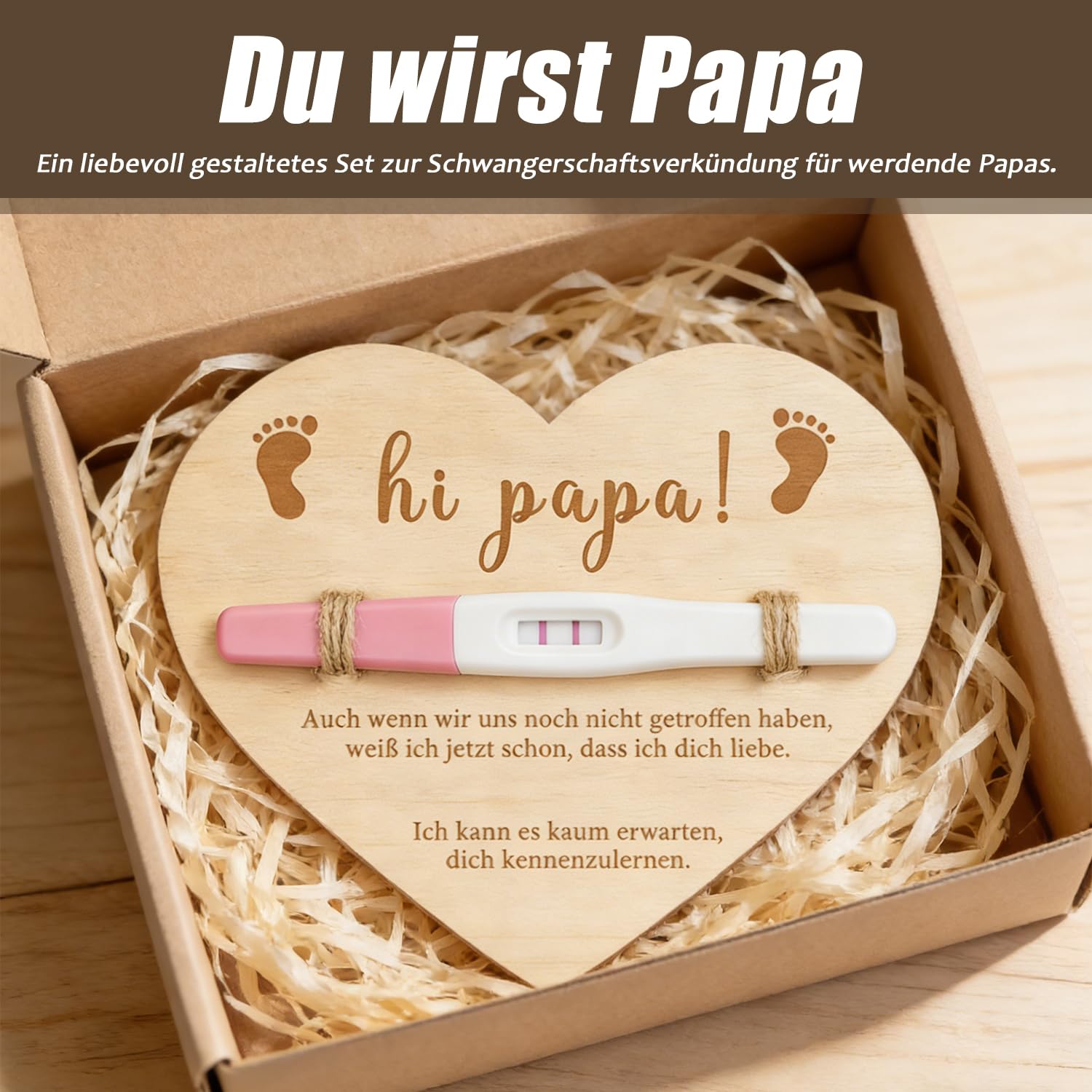 GROVBLE Pregnancy Announcement Gift Set for Dad - Du wirst Papa Surprise with Wooden Sign, Card, Rope & Box - Baby Announcement - Image 4