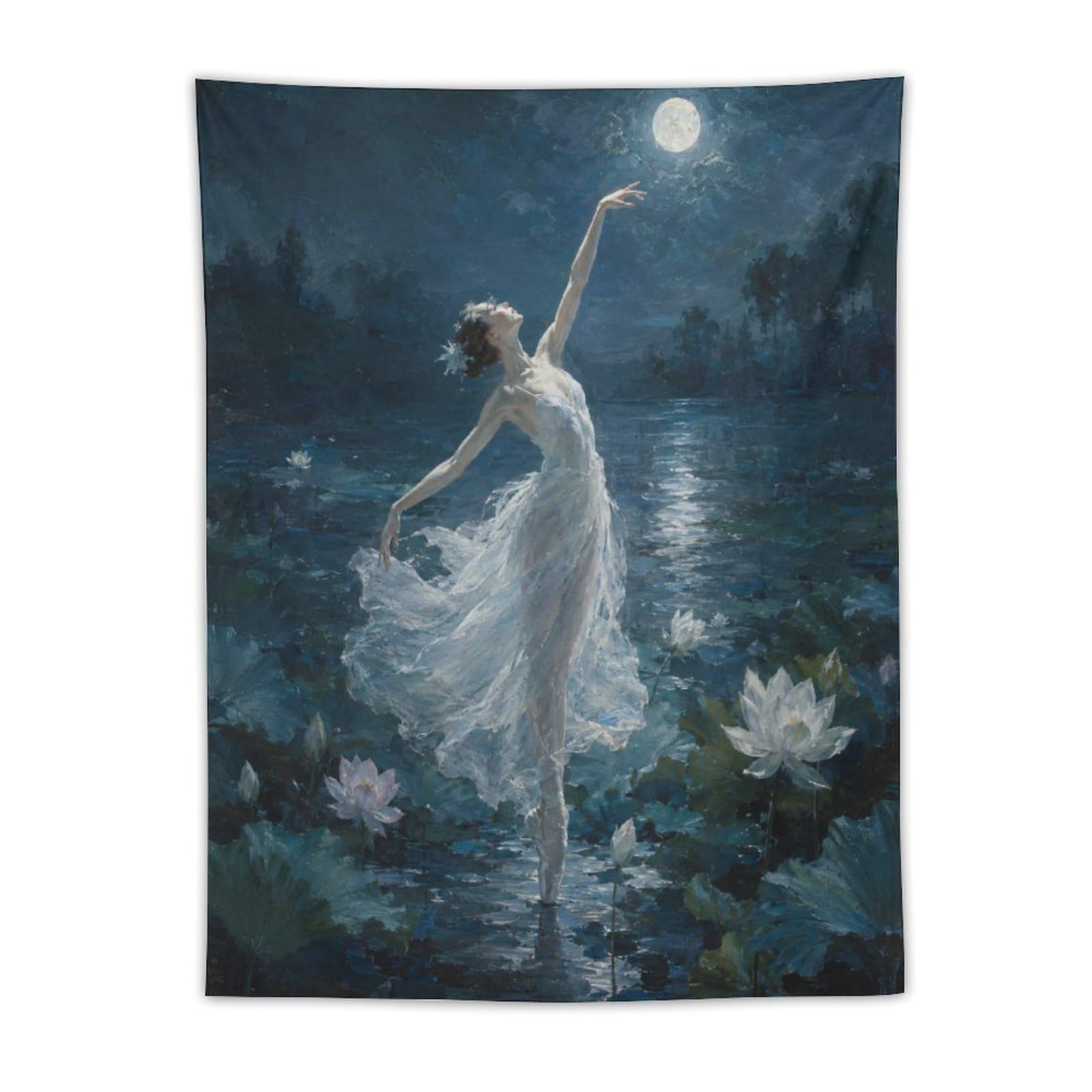 H3B8U2Y5 Ballerina Lotus Moon Wall Tapestry, Impressionist Style, Bedroom