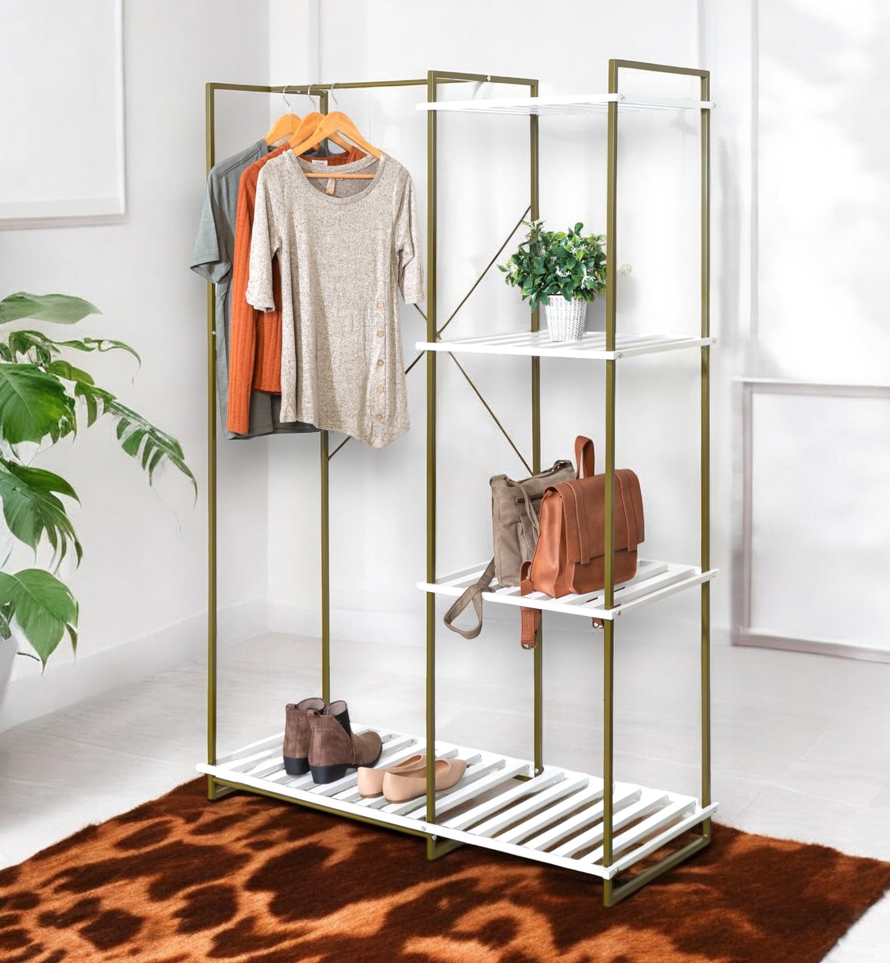 Honey-Can-Do Freestanding Open Metal Closet Wardrobe – Olive and White