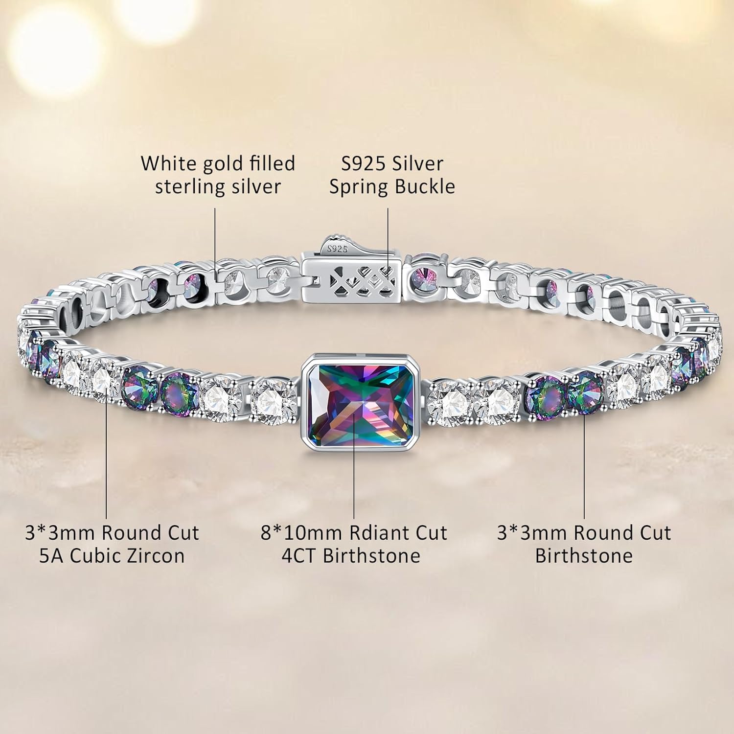 Birthstone Bracelets for Women Birthday Gifts 4CT Radiant Cut Birthstone 4mm Sterling Silver White Gold Tennis Bracelets for Women Round Cut 5A Cubic Zirconia Bezel Setting 7 Inch - Image 5