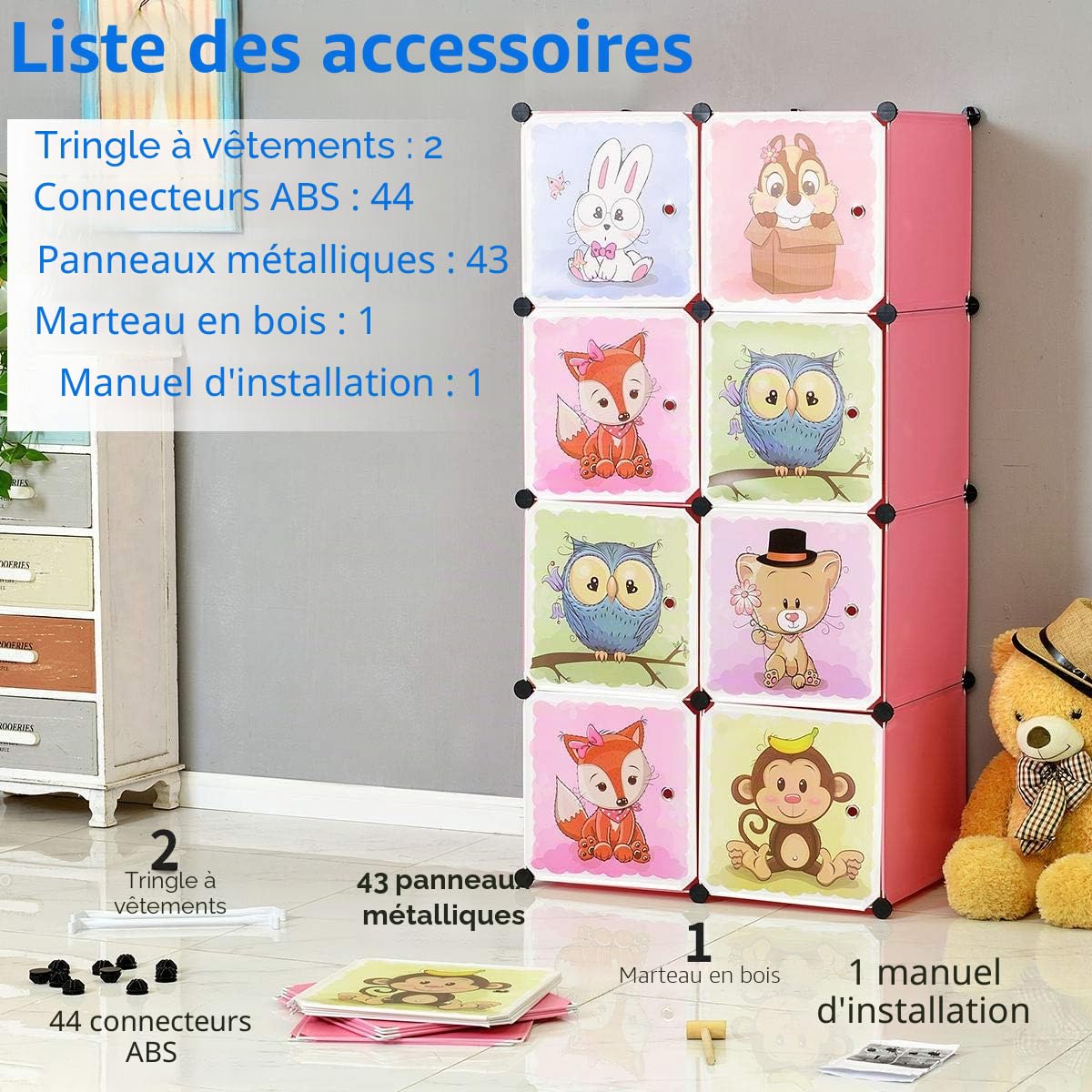 BRIAN & DANY Meuble Rangement Enfant avec Motifs d'animaux, Support de Rangement, Armoires Etagères Plastiques, Armoire de Rangement Bricolage (Rose, 12 Cubes)