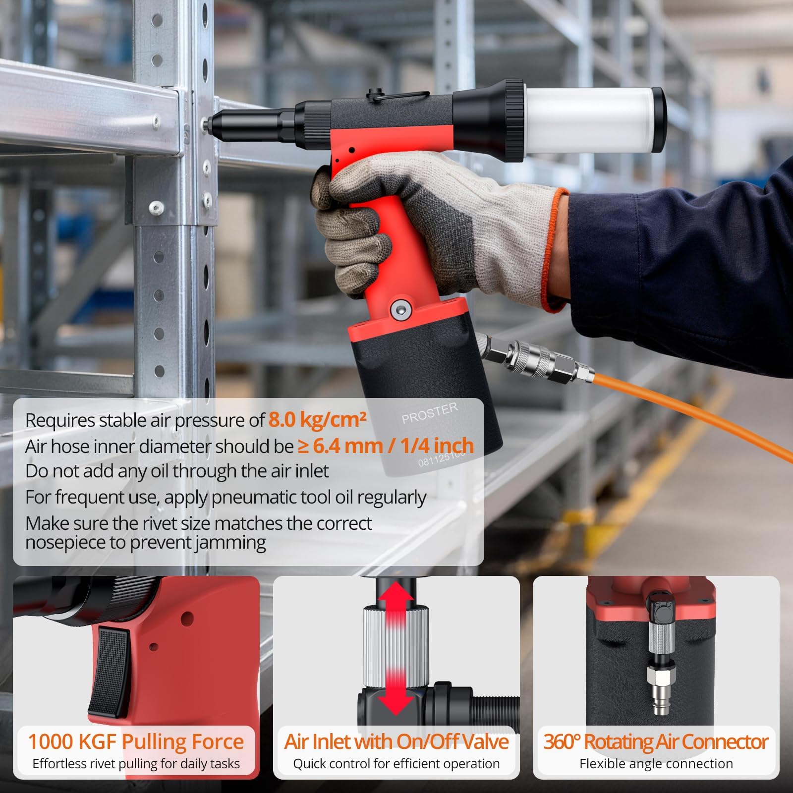 Proster Pneumatische Nietpistole Druckluft Blindnietgerät - Selbstansaugende Profi Nietpistole mit 1000KGF Zugkraft, 2.4–4.8mm Nietzange mit Auffangbehälter, 360° EU Anschluss für Werkstatt KFZ Boot