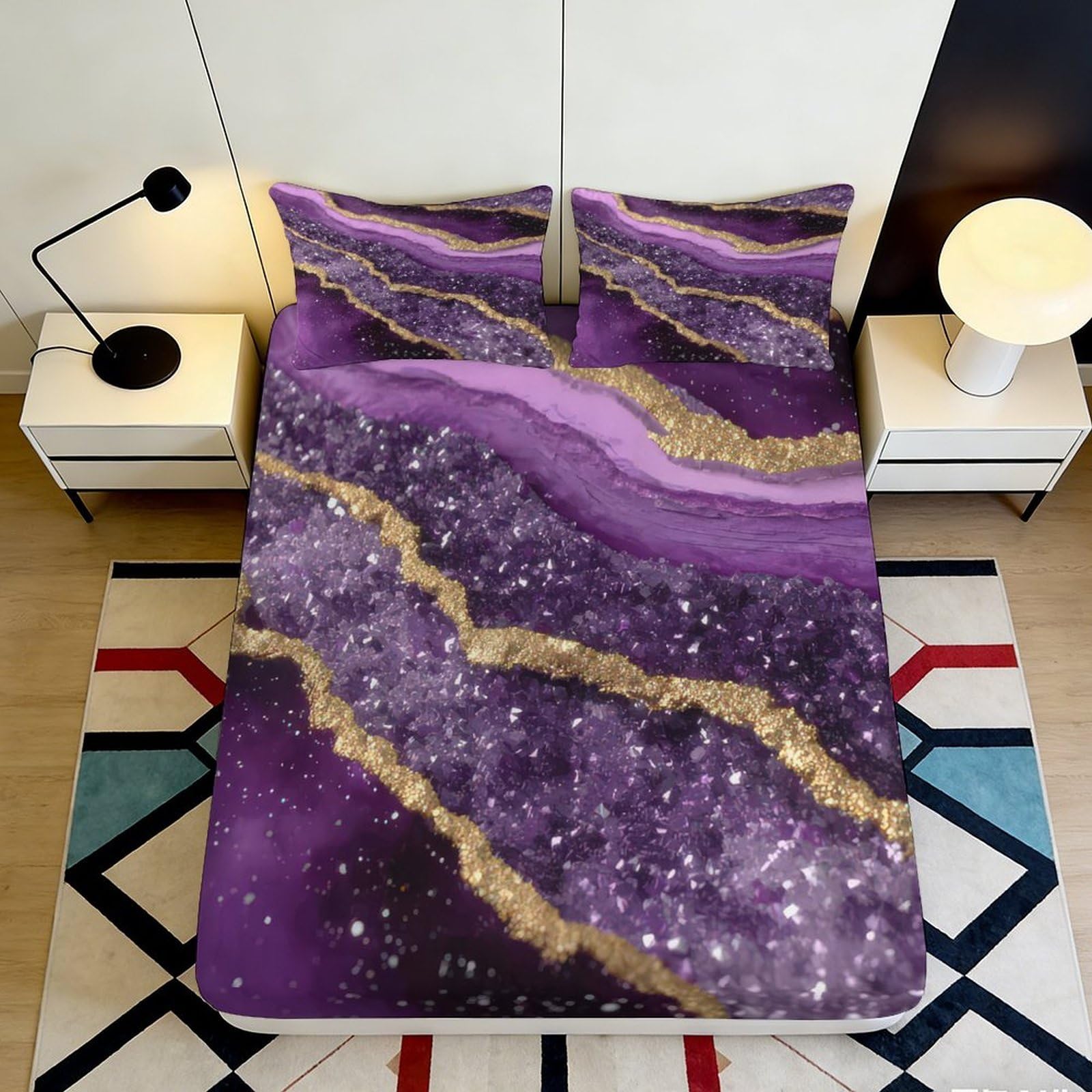 3D Printed Purple Marble Fitted Sheet Microfiber Soft Bedroom Decor Gold Vein Mattress Cover for Home Dorm 90x200x25cm