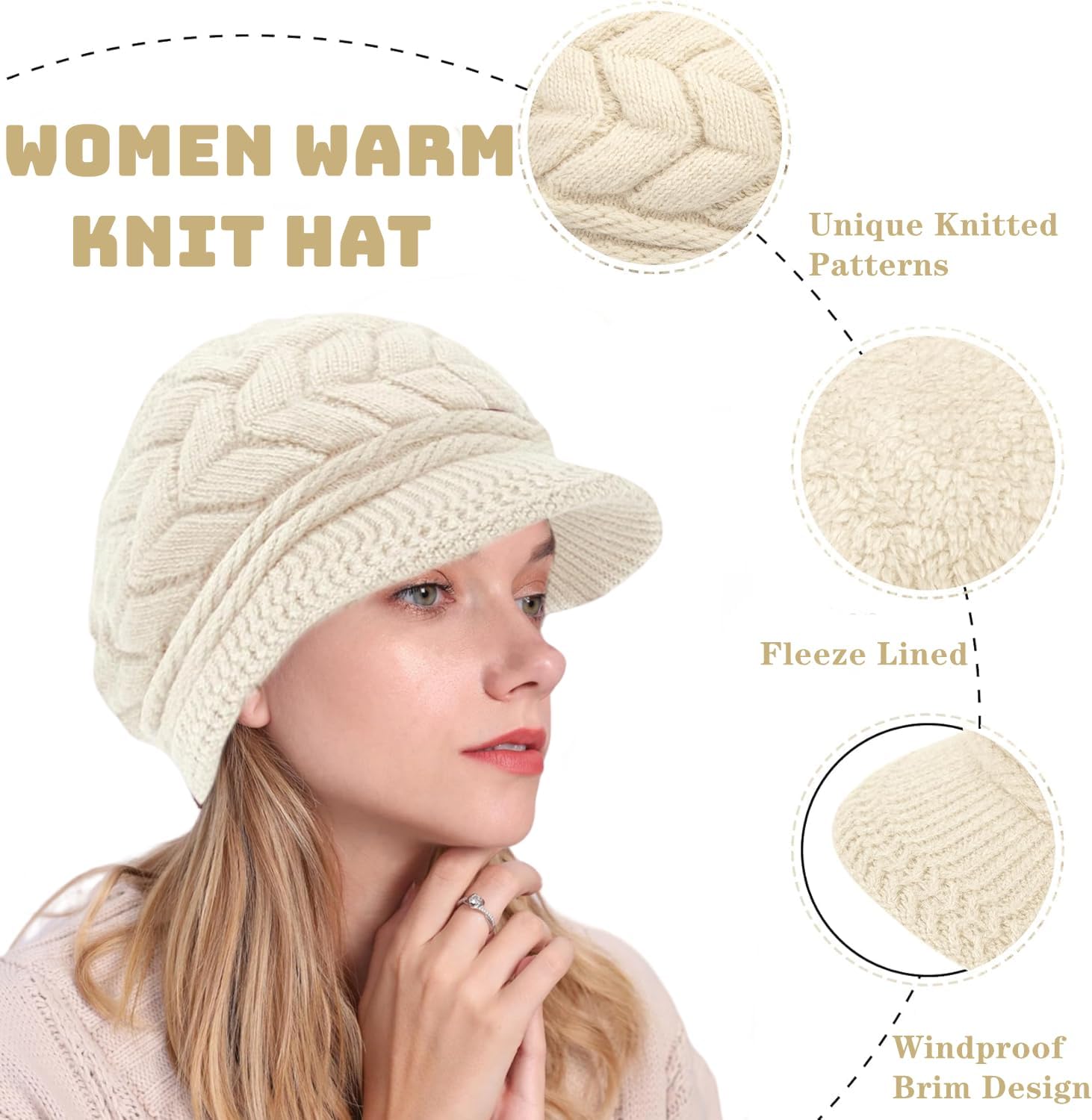 stablerice 4 Pack Womens Winter Beanie Hats Thick Warm Knit Hat with Visor Brim Wool Snow Ski Caps Chunky Soft Slouchy Cap - Image 2