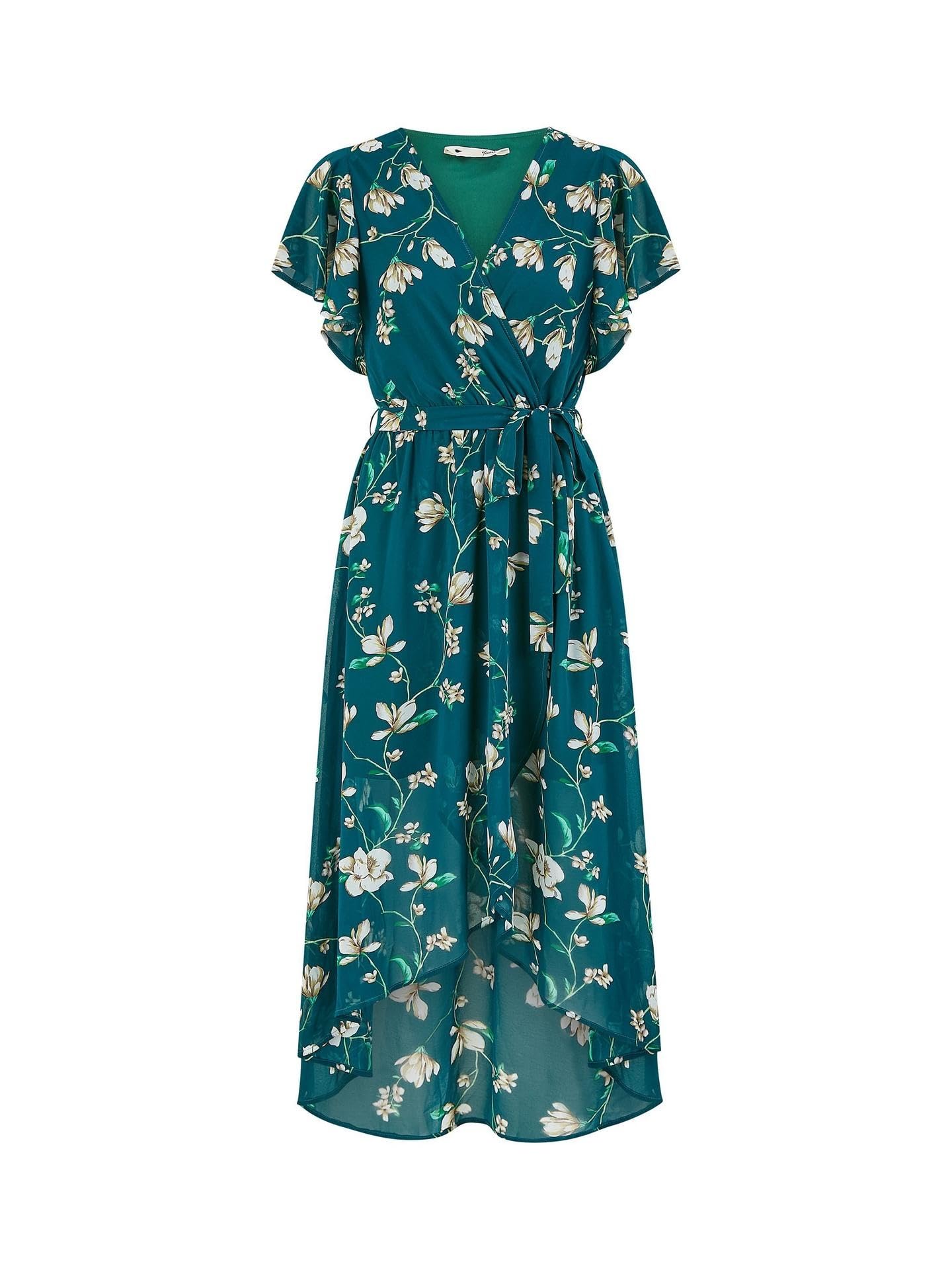 Yumi Green Floral Wrap Midi Dress with Frill Hem (UK, Numeric, 24, Regular, Regular, Green)