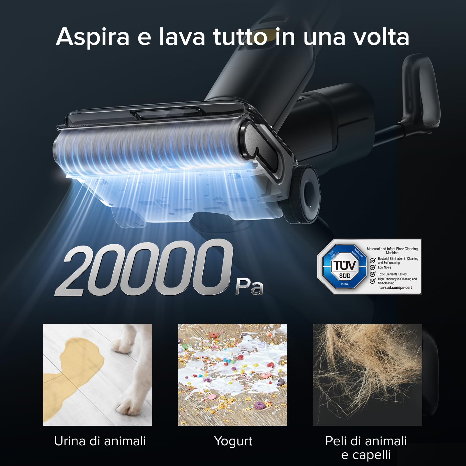 roborock F25 XT Lavapavimenti e Aspirapolvere Senza Fili, 20.000 Pa, Autopulizia, Design Ultra Piatto 180°, Zero Grovigli, Asciugatura Rapida, Controllo WiFi, Ideale per Pavimenti Duri