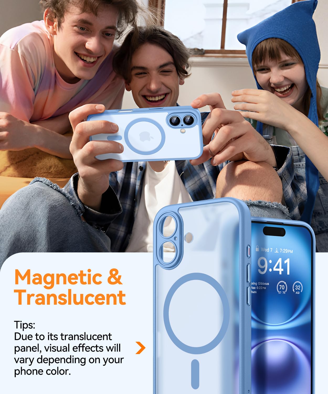 CANSHN Cover Magnetica per iPhone 16(6,1 Pollici), Compatibile con MagSafe, [Protezione Completa Della Fotocamera], Custodia Traslucida Opaca Protettiva Sottile Antiurto 6,1 Pollici, Azzurro