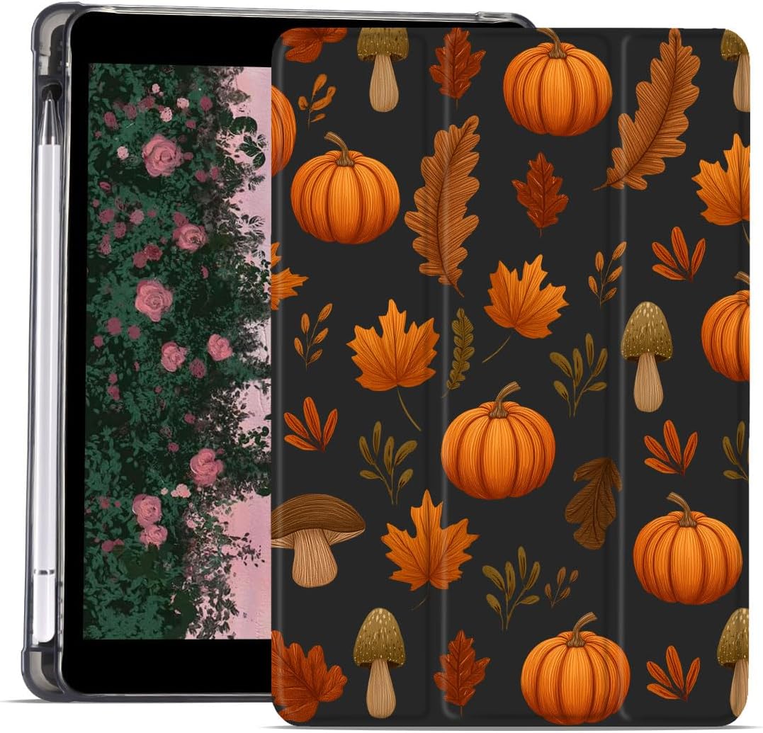 Fall Leaves Pumpkin Mushroom Case for iPad 9th/8th/7th Generation (2021/2020/2019 10.2 Inch) Autumn Halloween Design Foldable Black Leather Case Soft Cover with Pencil Holder