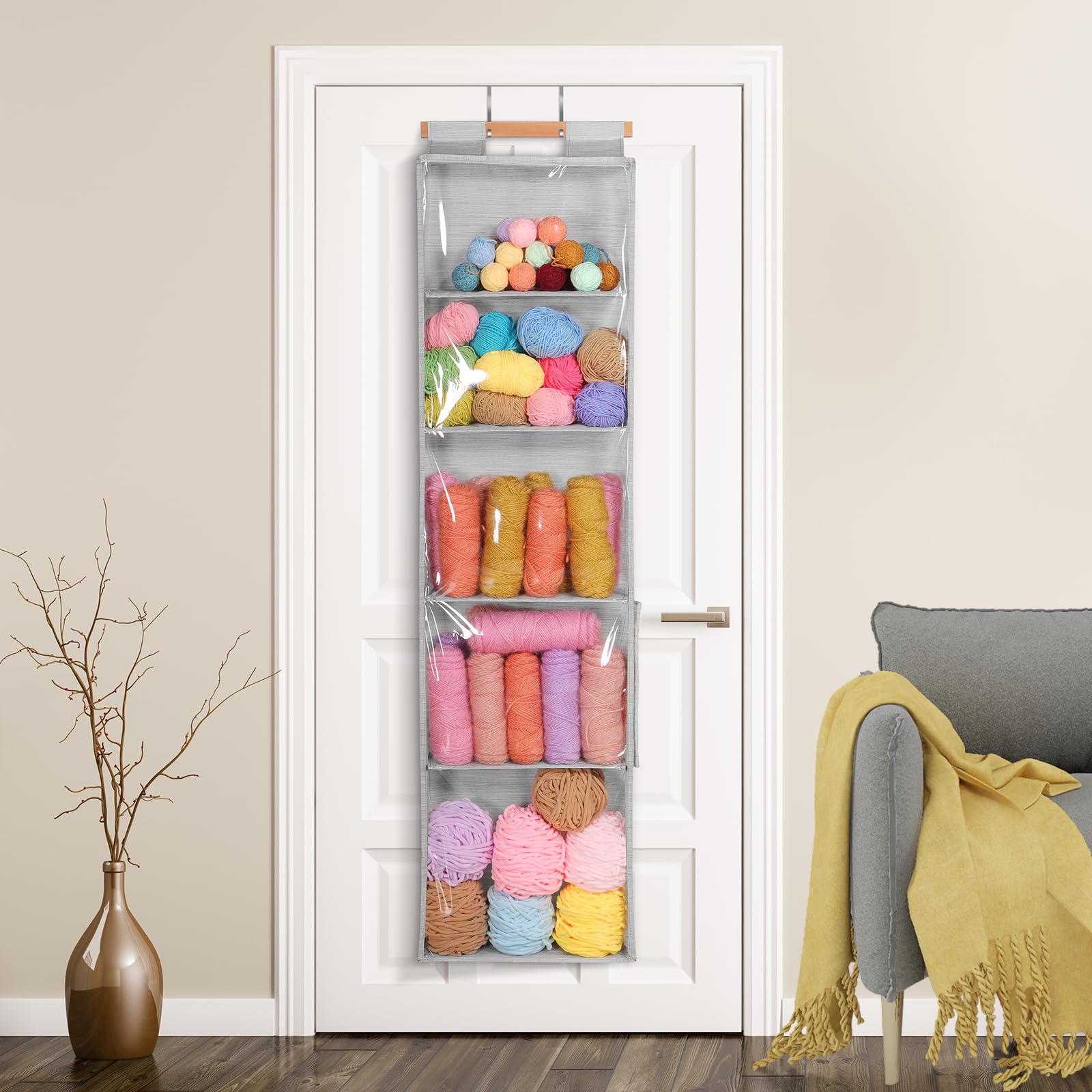 LOVEGRASS Hanging Yarn Storage Organizer with 5 Large Pockets, Large Capacity Hanging Knitting Organizer Storage with Two-way Zipper for Yarn Balls, Crochet Accessories