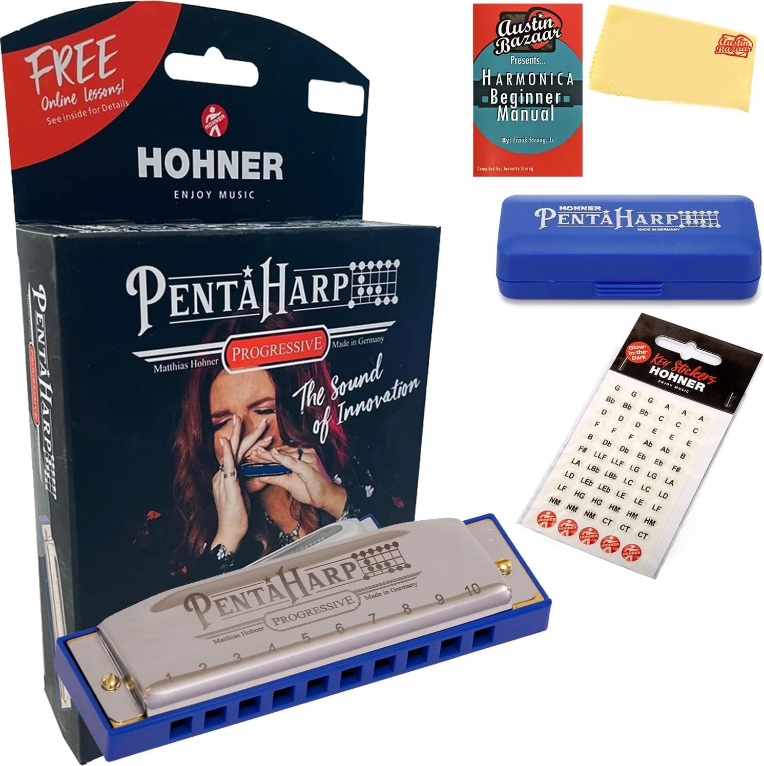 Hohner PentaHarp Harmonica - Key of C Minor Bundle with Case, Pouch, Online Manual, and Austin Bazaar Polishing Cloth