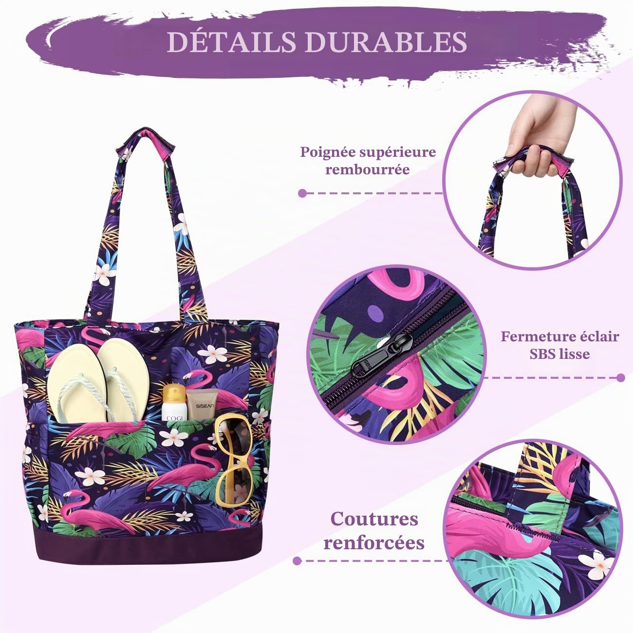 Sac de Plage Femme, VASCHY Multi-Poches Grand 17,3L Cabas Femme d'Été Pliable Léger Résistant à l'Eau Sac Fourre-tout Zippée Tote Bag pour Vacances Voyage Piscine Shopping Gym