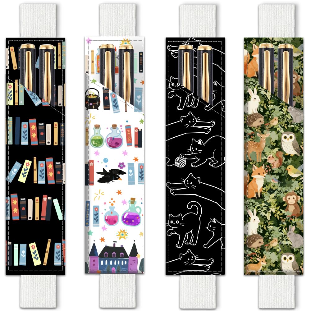 PRESSINART 4Pcs 4 Styles Adjustable Elastic Band Pen Holder 7.9 x 1.8 Inch Books Pencil Pouch for Notebook Hardcover Journals Planners Binders Rectangle Book Animals Band Pen Case for Home Office Use โ image 1