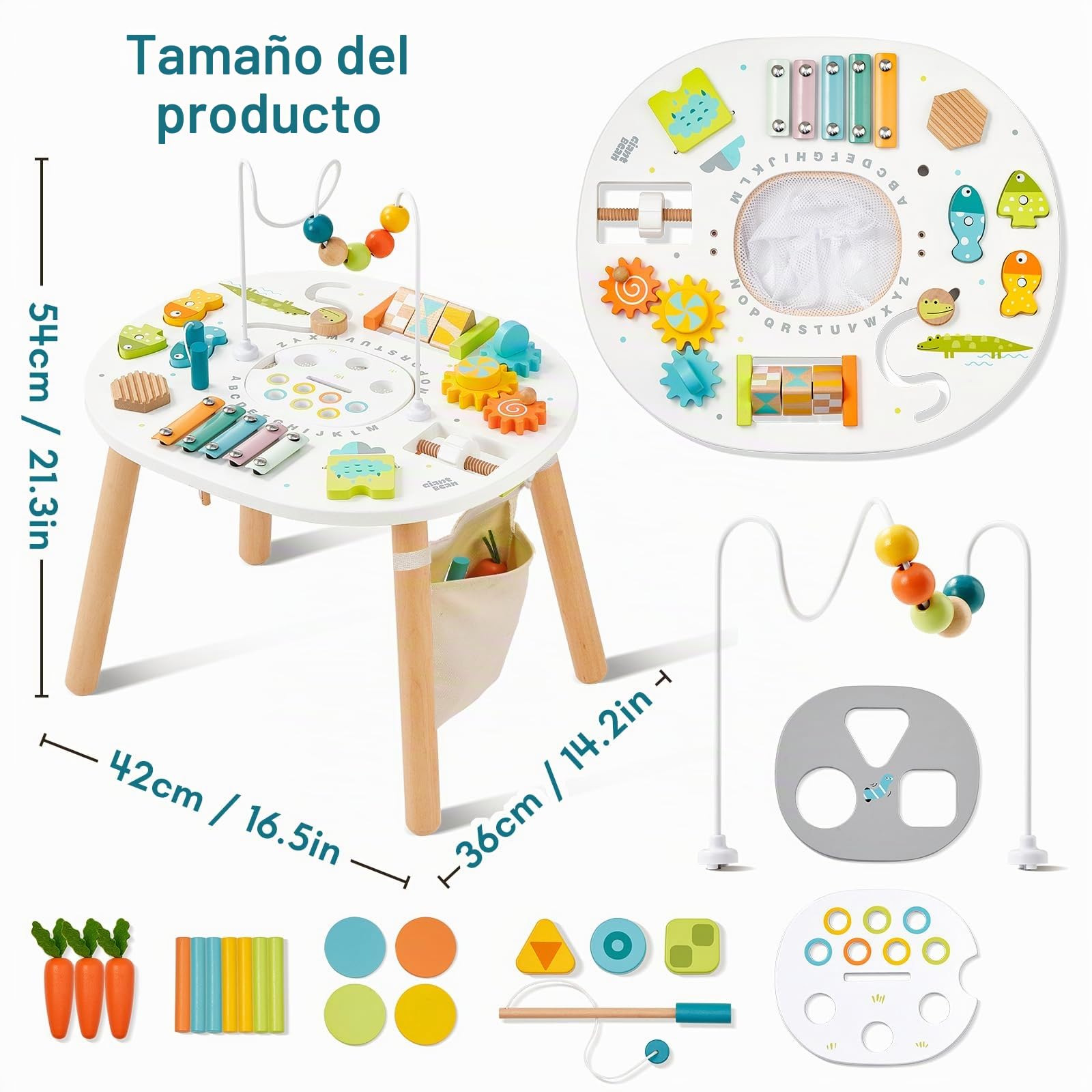 Giant bean Mesa de actividades de madera para niños de 1 año, mesa de aprendizaje Montessori 11 en 1 con laberinto de cuentas, clasificador de formas, juego de pesca y más, juguete de desarrollo