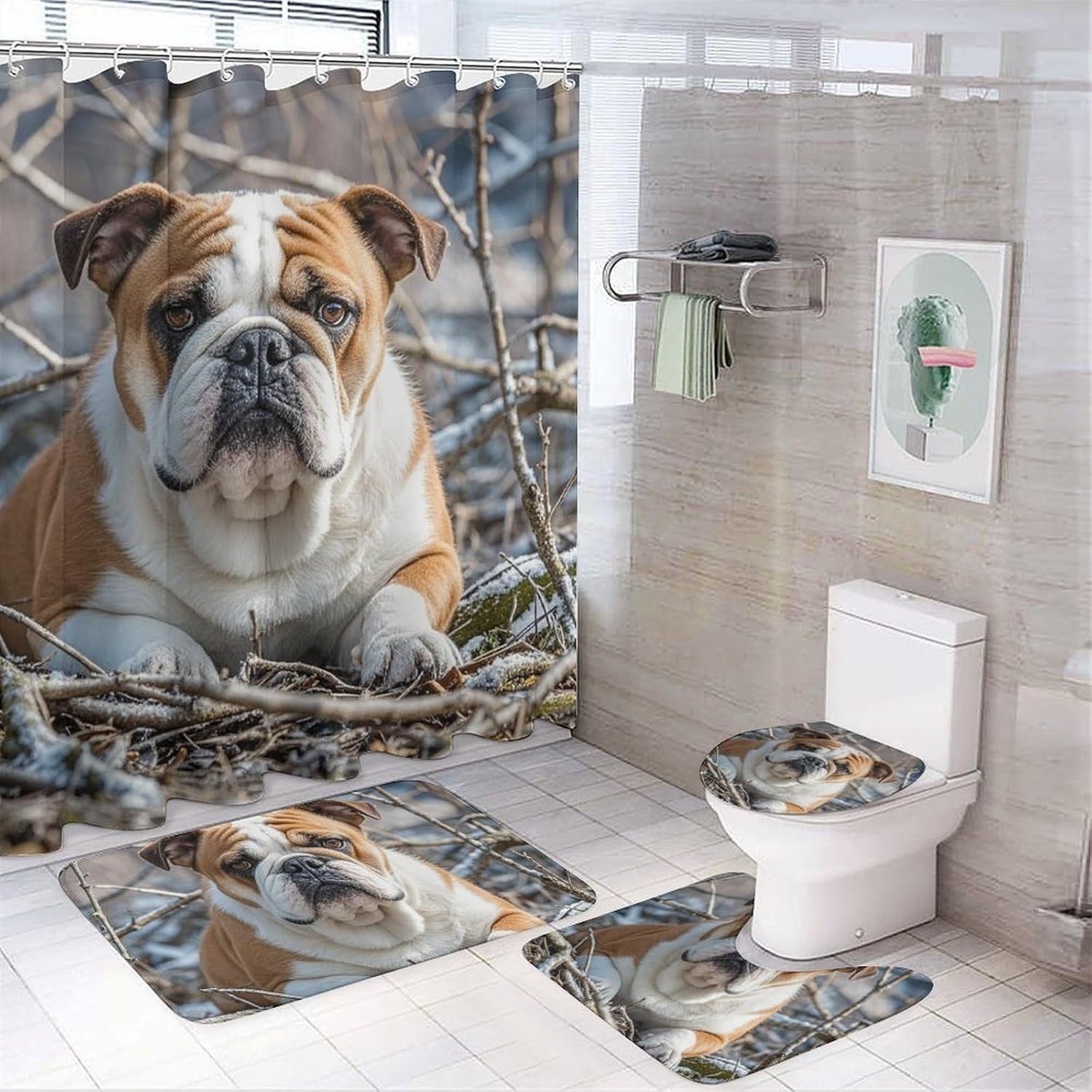 English Bulldogs Shower Curtain Set 4 Piece, Non-Slip Bath Mat with Toilet Lid Cover and Waterproof Shower Curtain with 12 Hooks, Complete Bathroom Set for Home Decor
