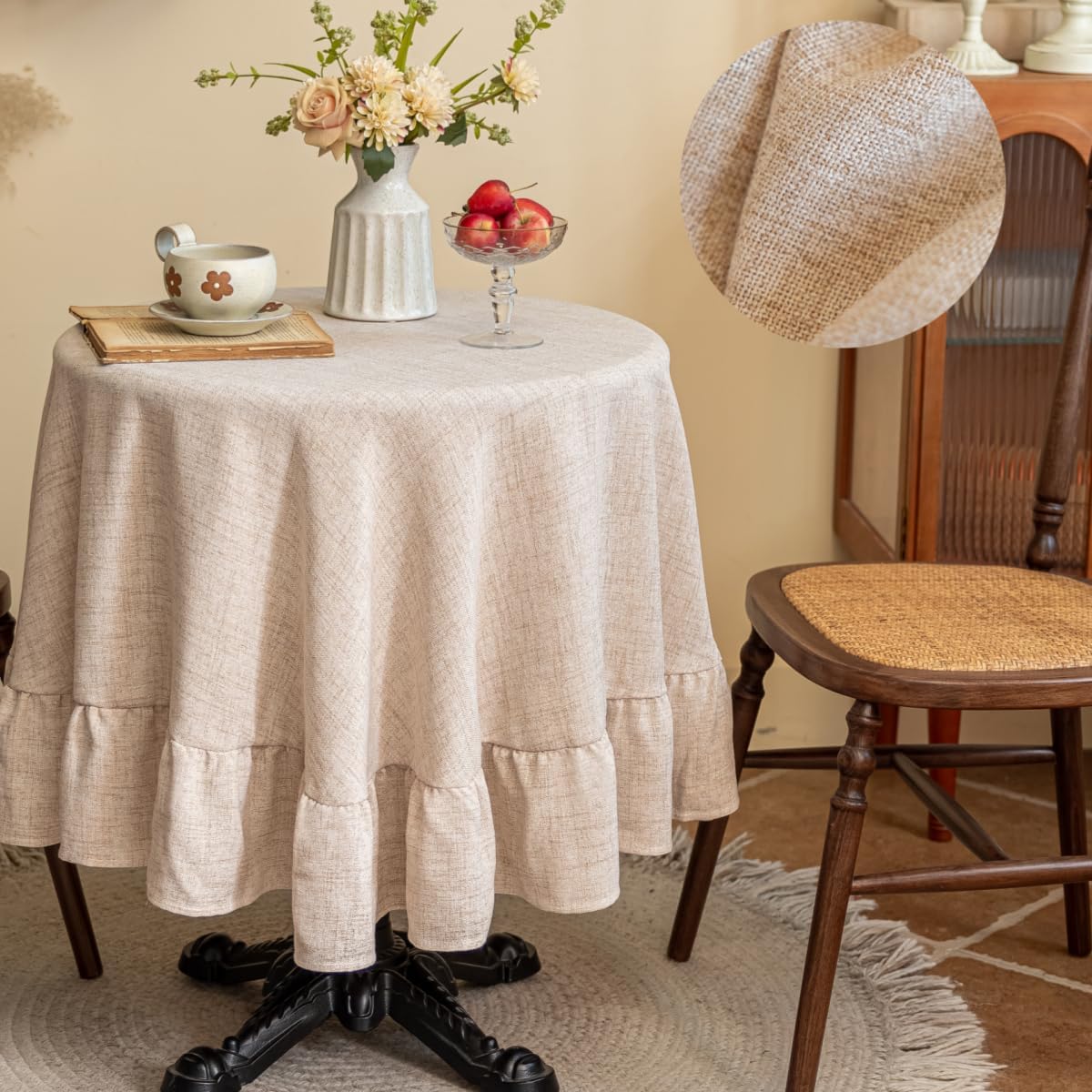 F-CHU Boho Ruffle Tablecloth Cotton Linen Vintage Tablecloths Flounces Trim Washable Table Cover Tablecloths for Rectangle Table Kitchen Party Wedding Decor,Light Coffee 70''x120''