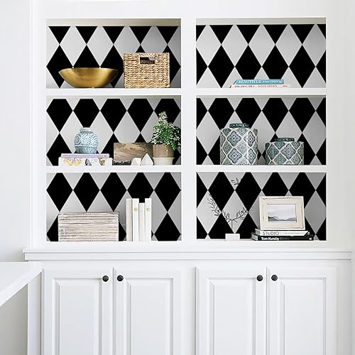Miniatura 4 de Qianglive Papel tapiz adhesivo de diamante para despegar y pegar, color blanco y negro, papel de contacto con rombos de 17.3 x 80 pulgadas, rollo de