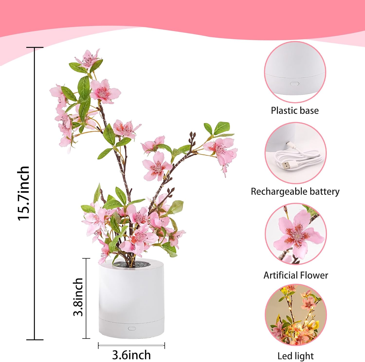 WSYEAR Pink Cherry Blossom in Pot, Artificial Cherry Fake Flower Lamp Indoor Outdoor Home Garden Office Decor for Wedding,Birthday,Party,Christmas
