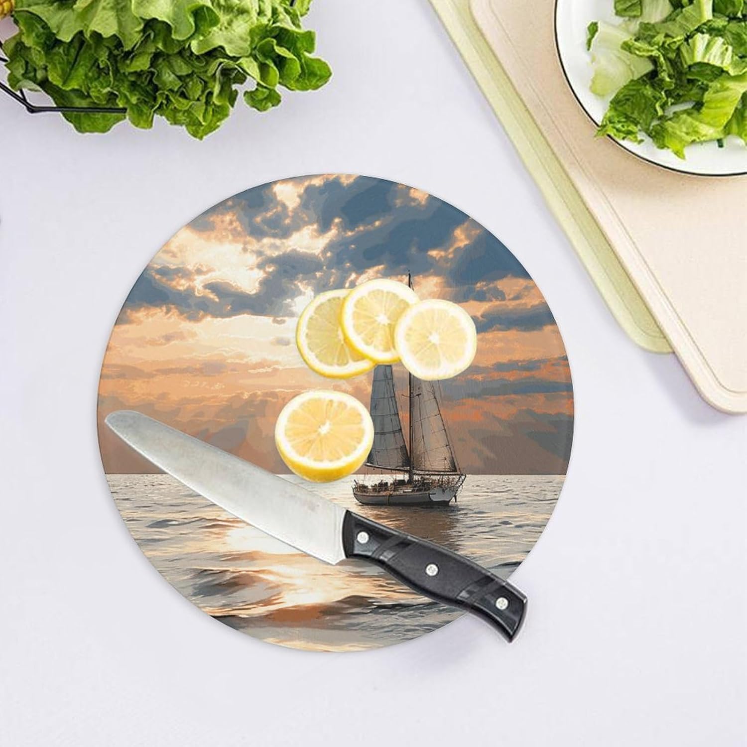 Sailing Boat on The Sea Cutting Board Portable Small Chopping Boards Tempered Glass Kitchen Counter Protector Non-Slip Round Charcuterie Boards Mat for Bar Cheese Board