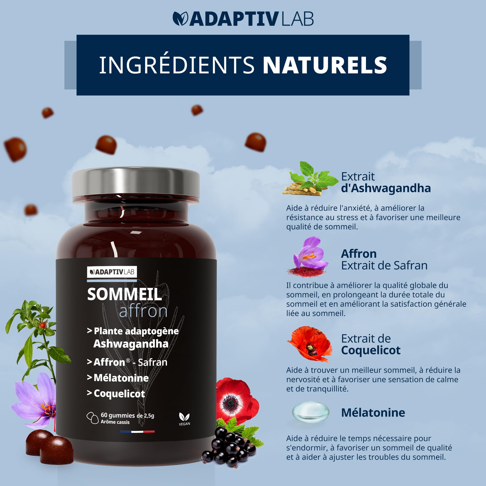 AFFRON - 60 Gummies Sommeil - Vegan et Végétarien Arôme Cassis Complement Alimentaire Adulte con Ashwagandha et Melatonine 1,9 mg Fabrique en France