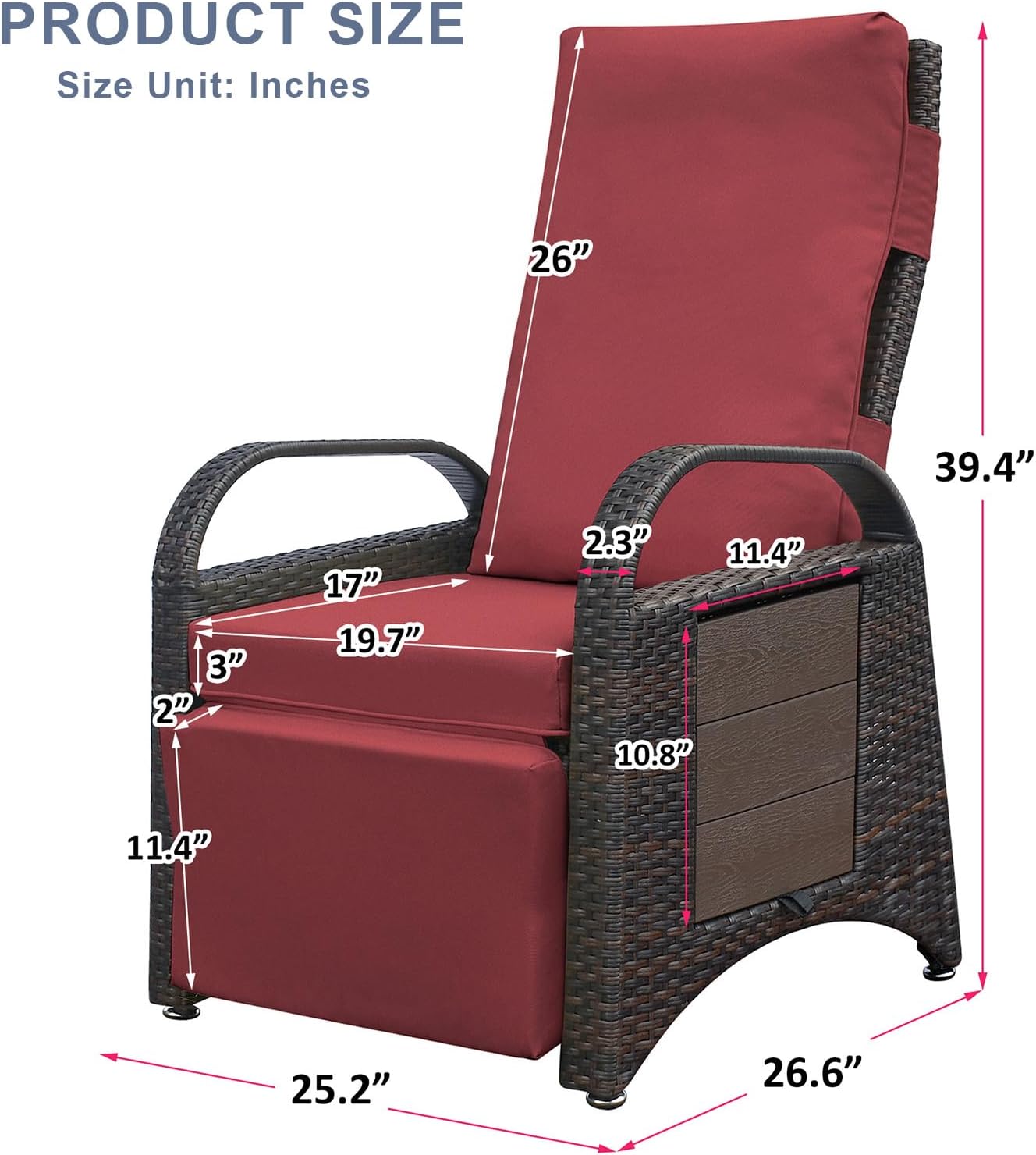 Skypatio Outdoor Wicker Recliner Chair with Side Table, Independently Adjustable Backrest and Footrest Patio Recliner Lounge Chair, All-Weather Resin Wicker Reclining Patio Chair, Red