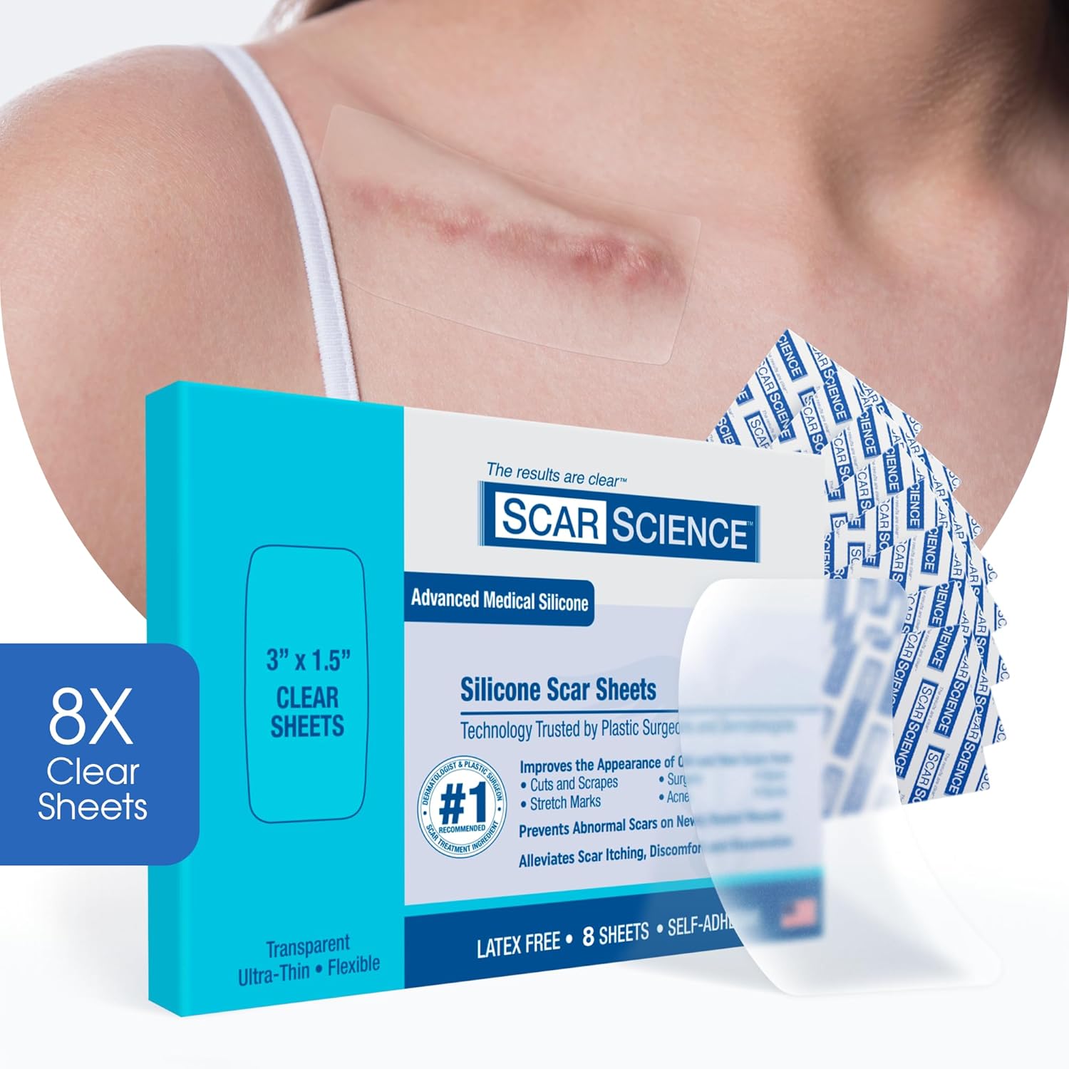 Scar Removal Kit - Advanced Scar Treatment - Medical Grade Waterproof Silicone Scar Sheets for Scars, Keloids, Wounds, Stretch Marks, 8 Strips + Silicone Gel for Healing the Scars, 6.5ml