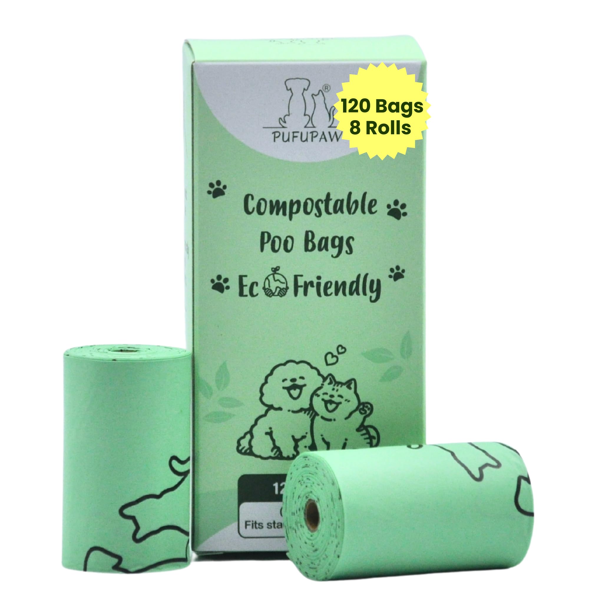Compostable Dog Poop Bags 120 Count Extra Thick 20 Micron Leak-Proof Unscented