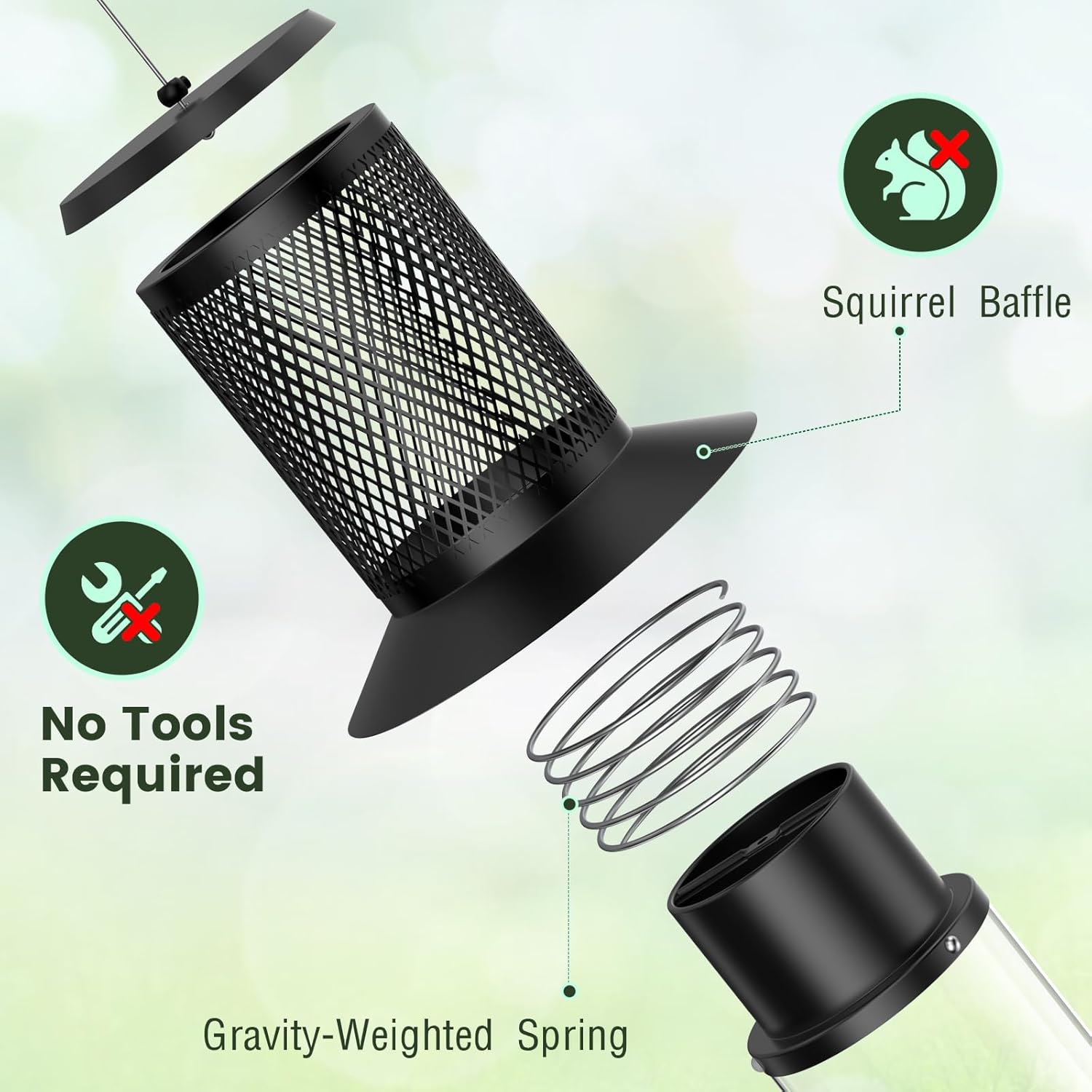 Black Hanging Bird Feeder with Squirrel Baffle, Squirrel Proof Bird Feeders for Outdoors, Heavy Duty Metal Design with Large Capacity Hanging Birdfeeder for Outside,