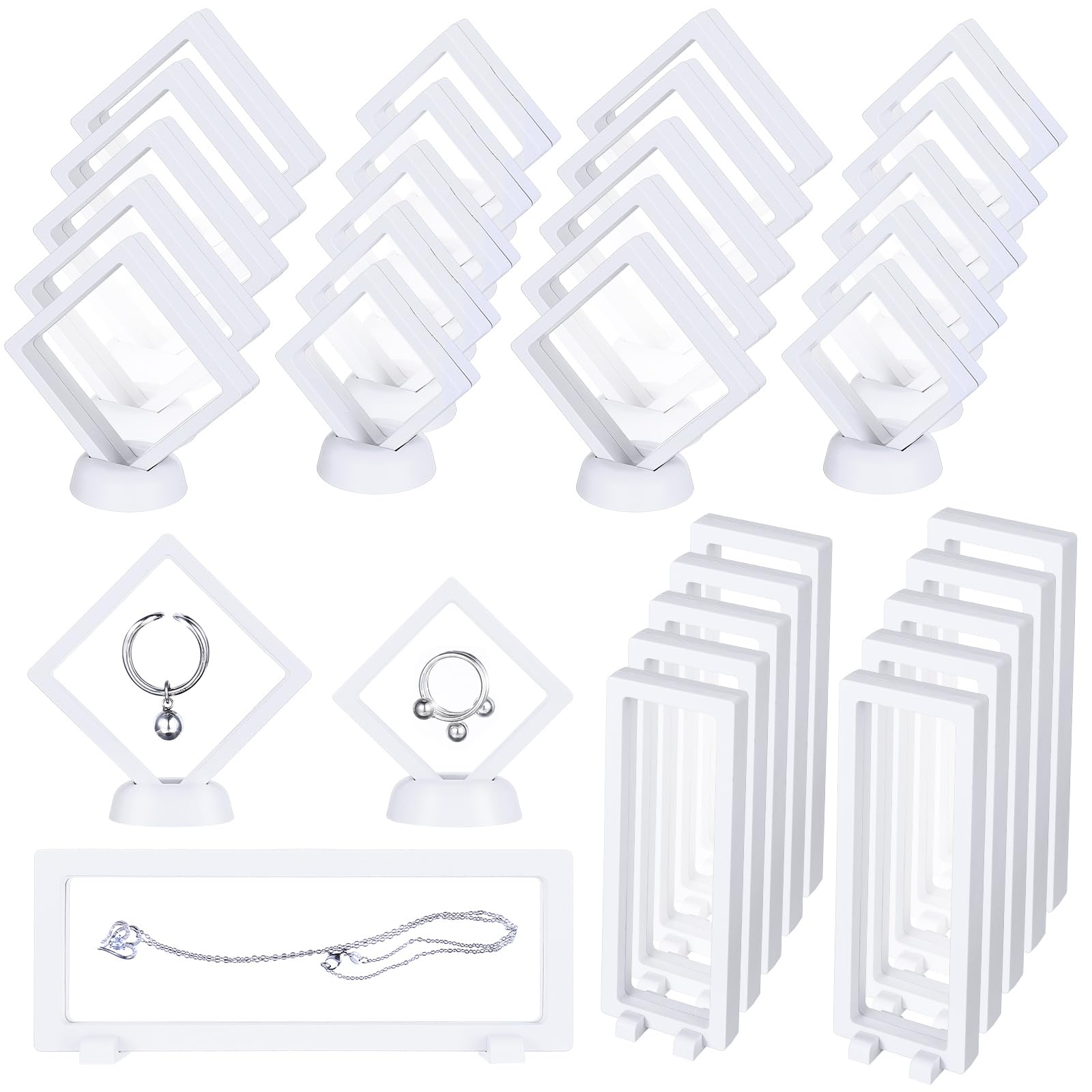 30 Pack 3D Floating Display Stand Floating Frame Display Case Coin Display Holder with Base Transparent PE Jewelry Storage Box Black Freeze Seal Frame for Jewelry,Specimen,Medallions( White)