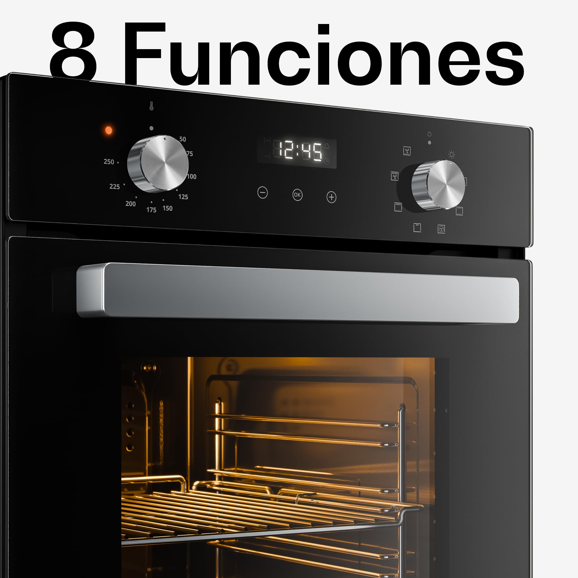 Klarstein Verosteel Horno Eléctrico Empotrable 45 cm - 49L, 8 Modos, Clase A, Acero Inoxidable & Cristal Negro, Fácil Limpieza, Temporizador, Horno Integrable Compacto
