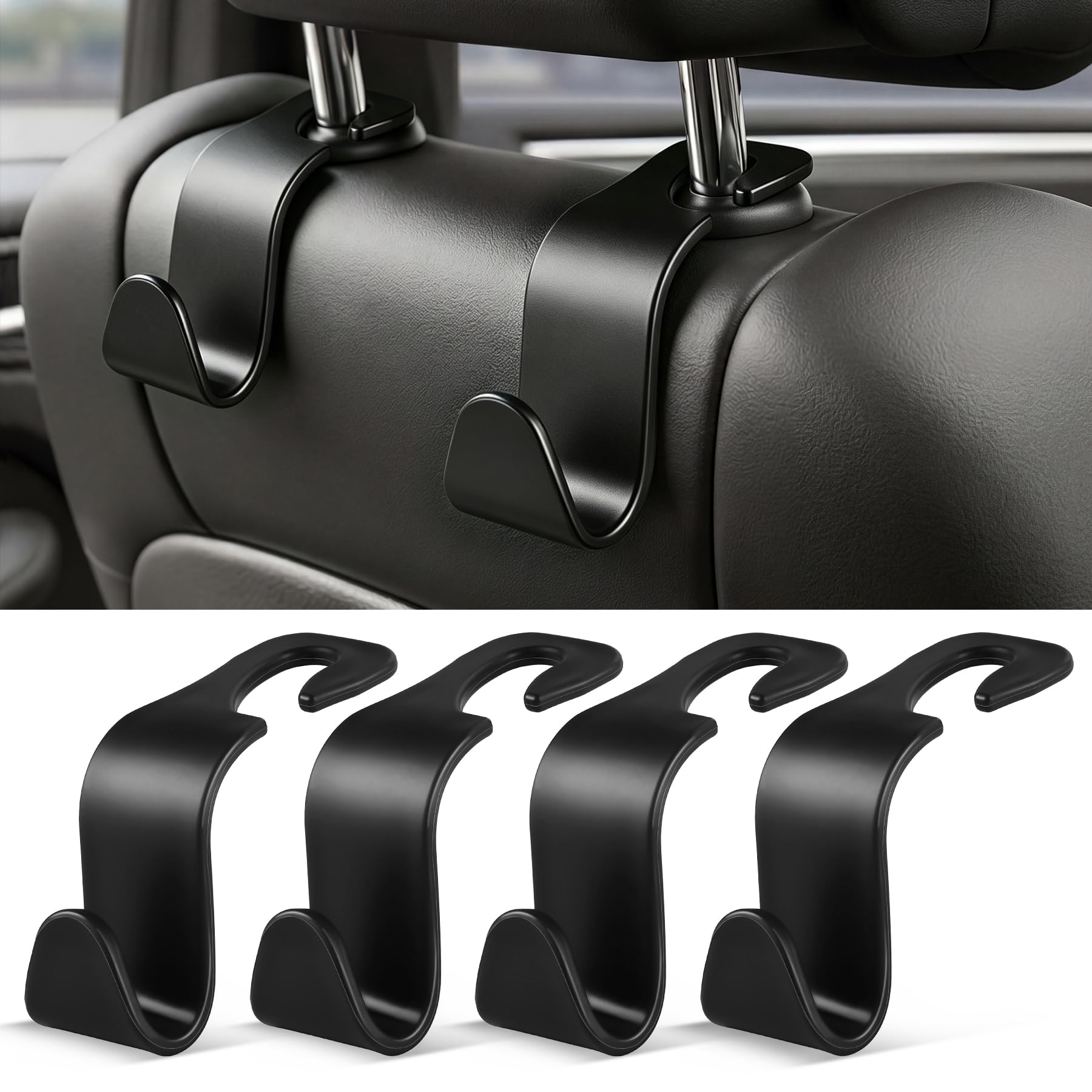 SINGARO 4 Pack Car Seat Headrest Hooks, Vehicle Back Seat Hanger Storage Organizer for Purse Handbag Backpack Coat Grocery, 360° Rotating Heavy Duty Holds 44lbs, Black