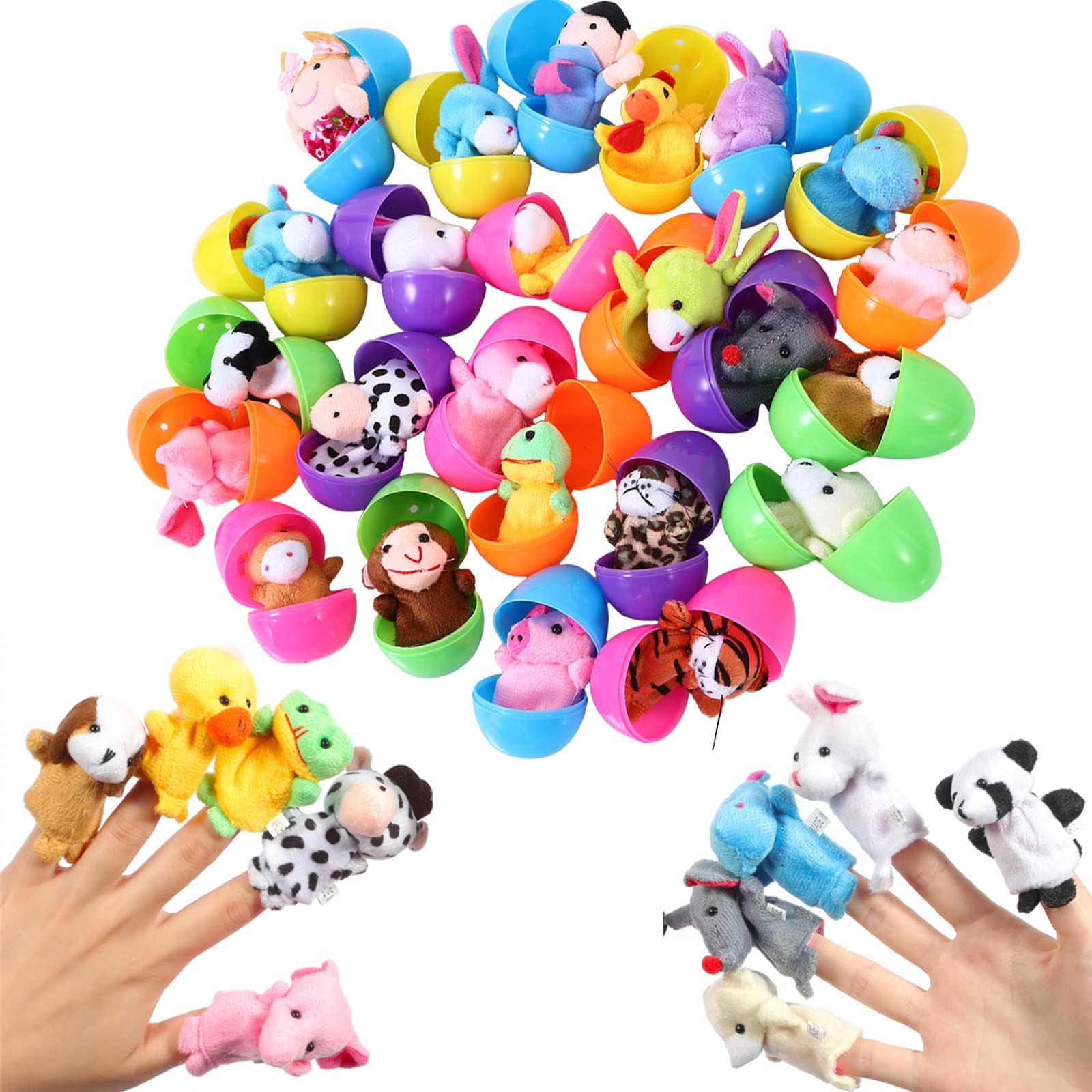 FunsLane24pcs Easter Eggs Filled with Finger Puppets for Toddlers, 2.36 Inches Bright Colorful Plastic Easter Eggs for Kids Pinata Toys, Party Game Prizes, Goodie Bag Fillers