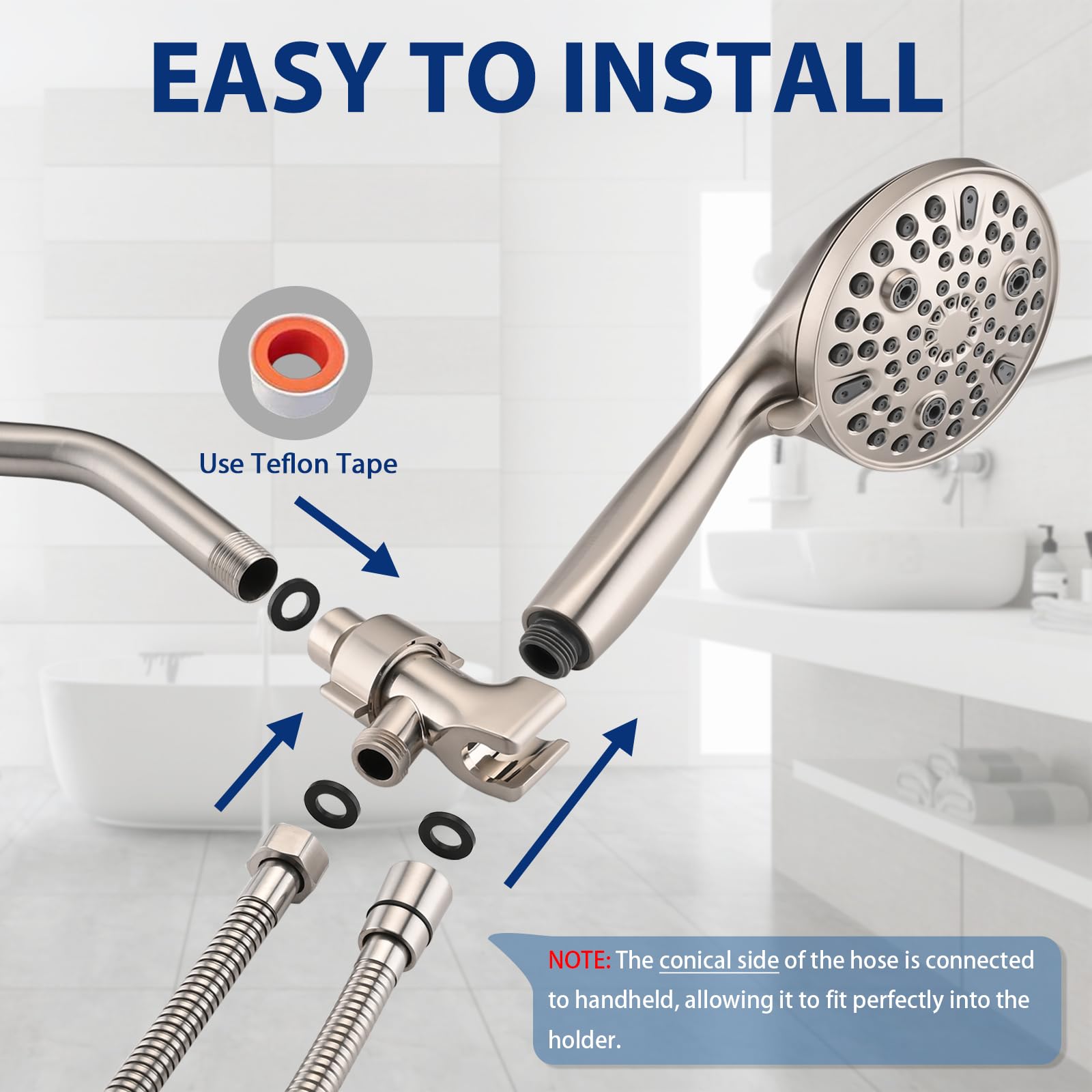 Pommeau de douche à main haute pression à 10 réglages, pulvérisateur de douche amovible de 12,7 cm, tuyau extra long en acier inoxydable de 200,7 cm, support réglable – Nickel brossé