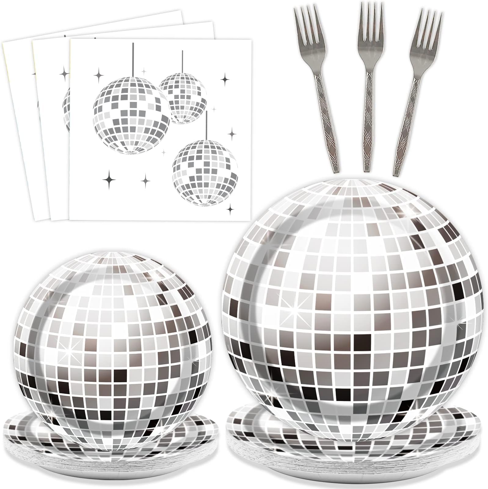 SYOSI 70s Disco Party Tableware Set, 80 Pcs - Disco Ball Party Paper Plates, Cocktail Napkins & Forks for 80s 90s Dance Wedding Picnic (Silver)