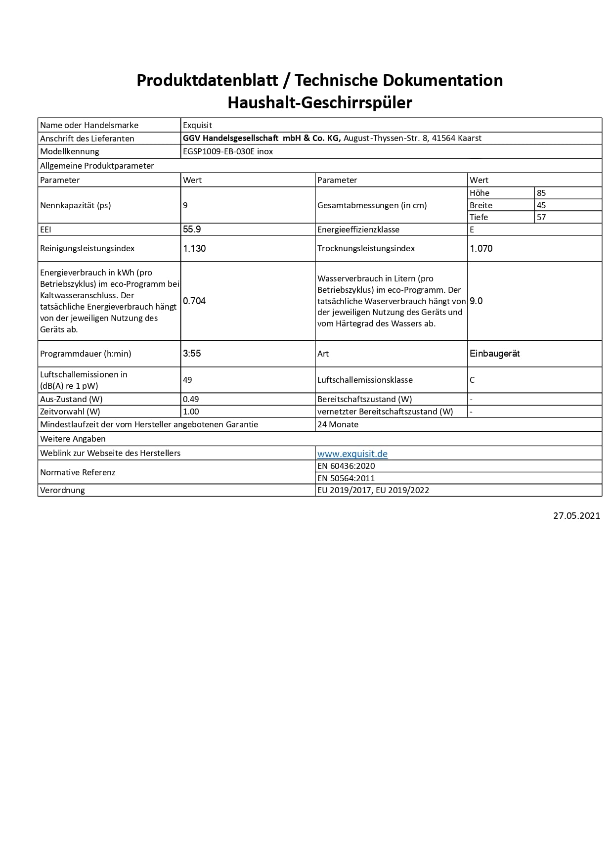 Exquisit EGSP1009-EB-030E Einbaugeschirrspüler 45 cm 9 Maßgedecke Teilintegrierter Geschirrspüler 6 Programme Startzeitverzögerung
