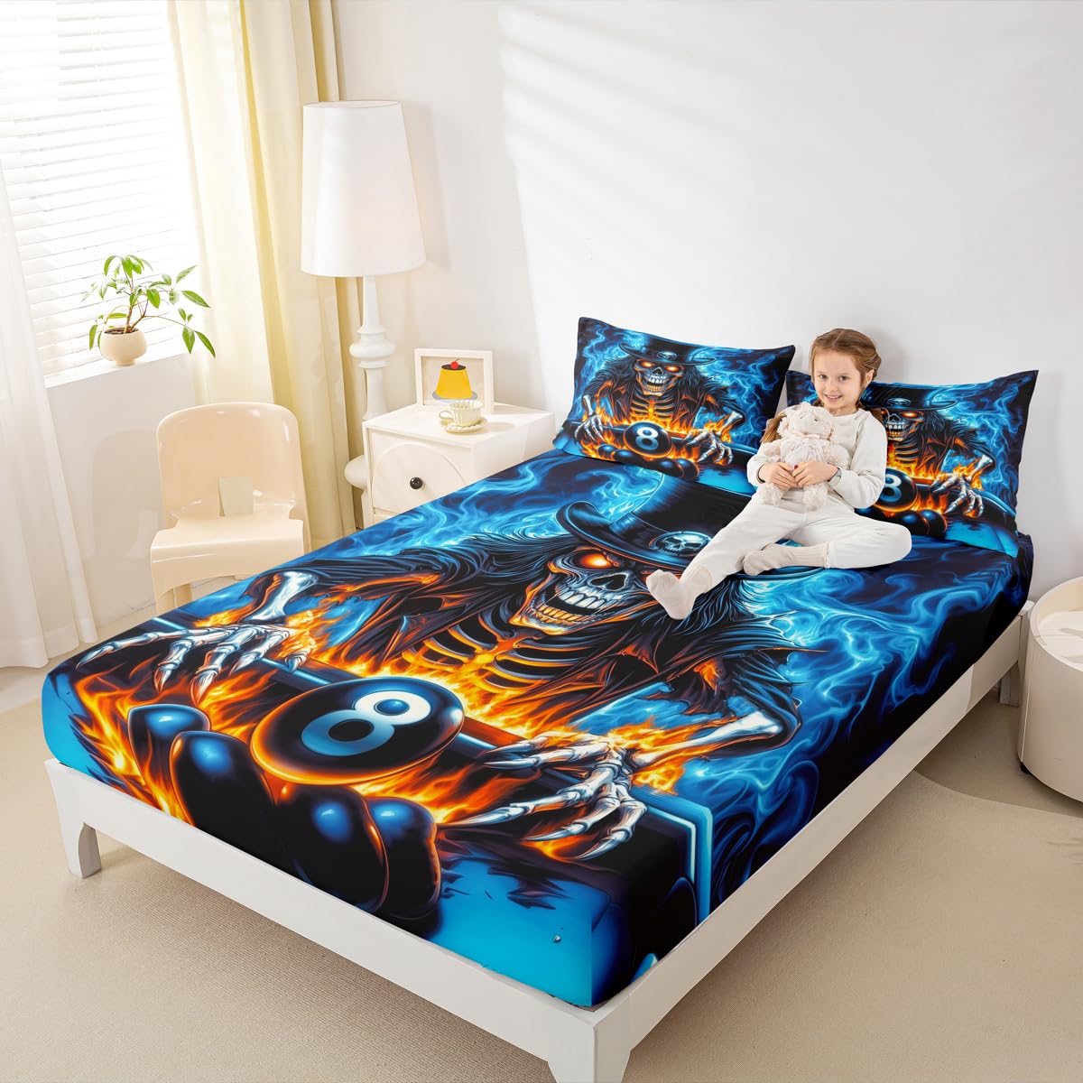 Homewish Zestaw pościeli z czaszką z cukrową czaszką podwójne w stylu science fiction gotyckie prześcieradła fajny basen 8 piłek pościelowych - kule bilardowe gotyckie prześcieradła zestaw 4 szt