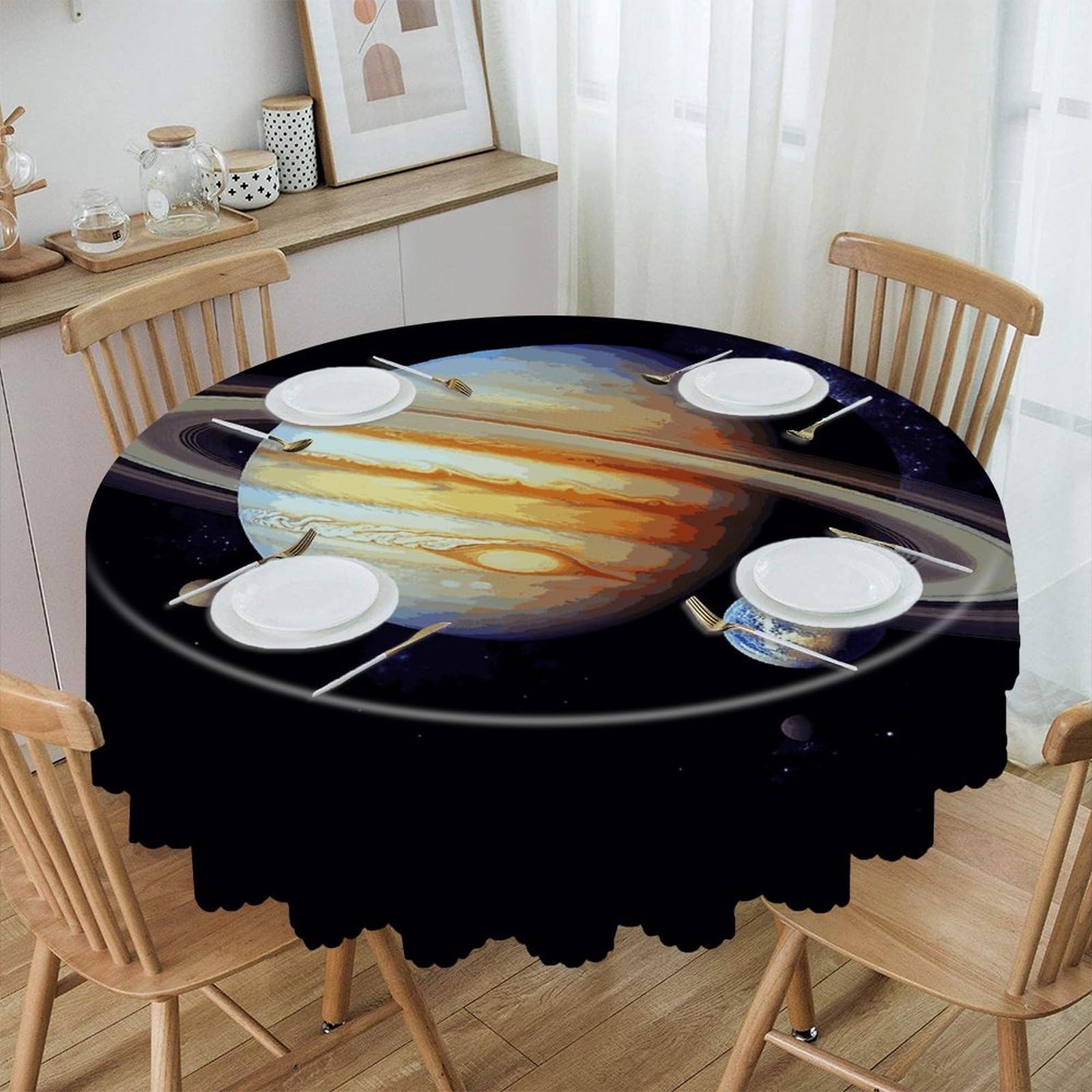 FekiLoot Planet Jupiter Round Tablecloths 60 Inch Resistant Washable Polyester Table Cloth Style Decorative Circle Fabric Table Cover for Dining Kitchen Party Farmhouse Outdoor