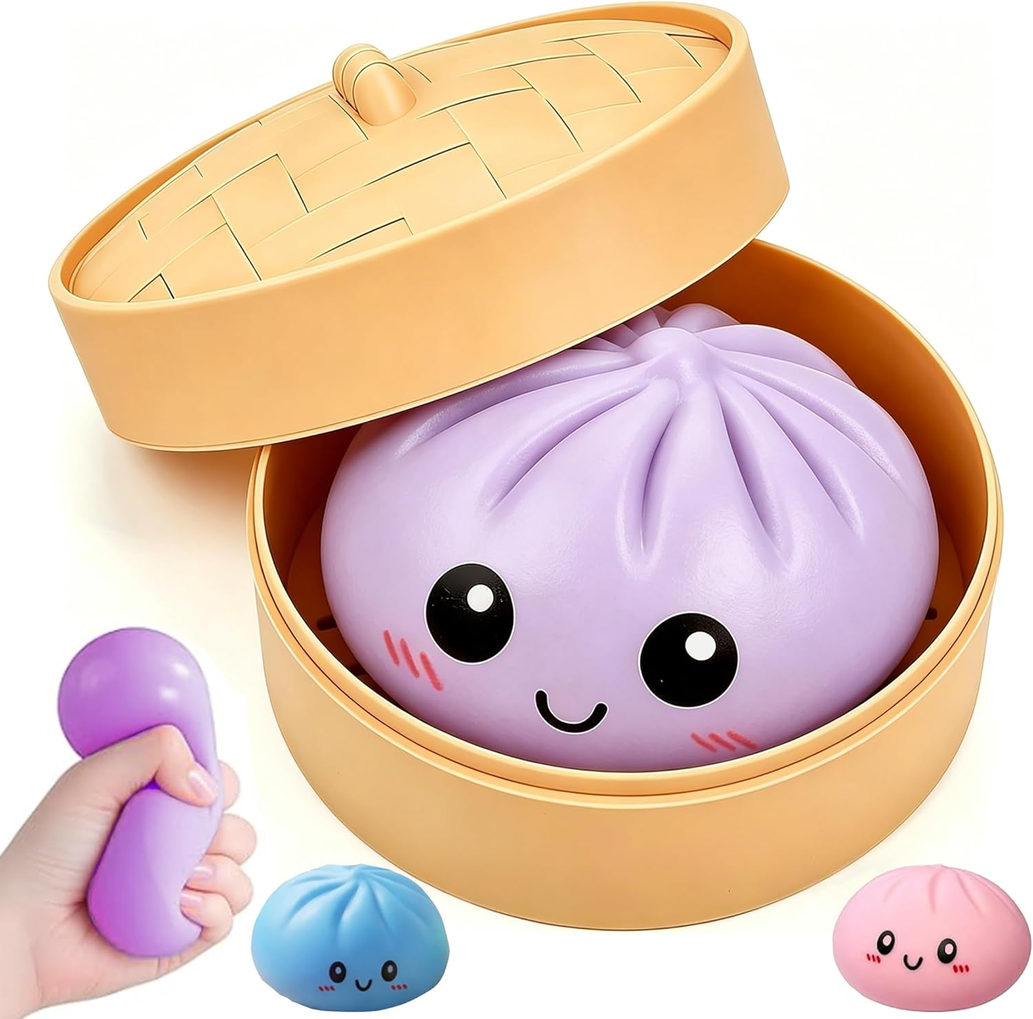 Dumpling Squishy Stress Ball Cute Squishy Fidget for Adults Anxiety Relief Soft Squeeze Sensory Stress Ball with Food Steamer for Office Desk Gift for Coworkers Friends (Purple)