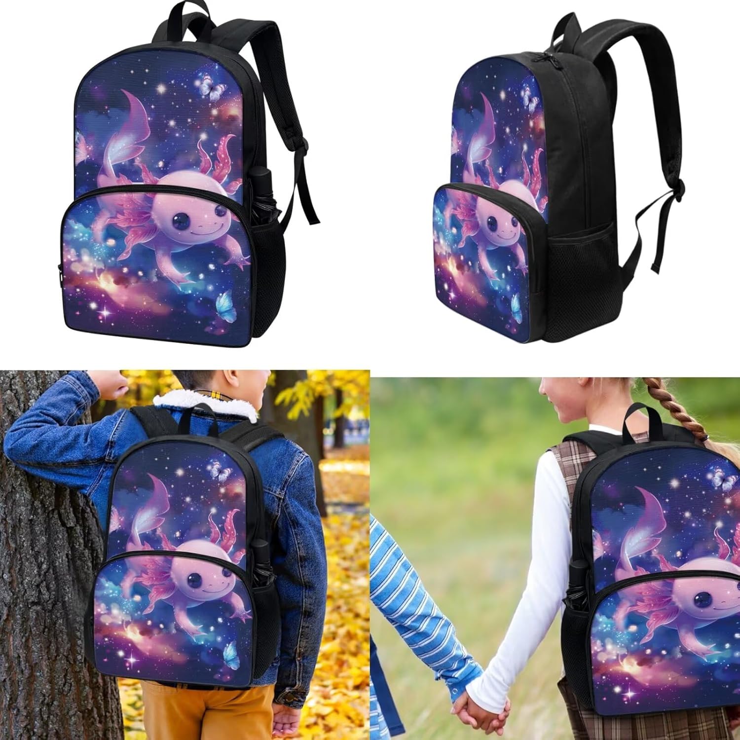 Tuoxiukan Axolotl Backpack for 4th Grade Girls with Lunchbox and Pencil Case Water Bottle Holder 4 Piece Galaxy Bookbag Set Large Capacity School Backpack with Laptop Compartment Kids Book Bag 17 Inch