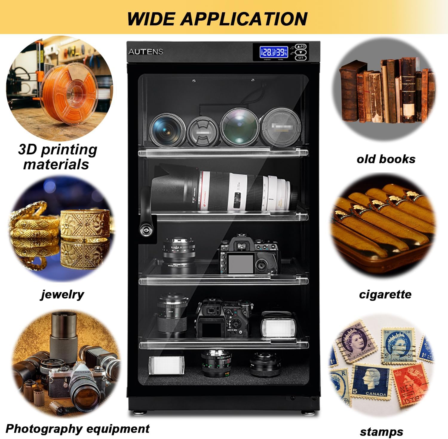 AUTENS 100L Dehumidifying Dry Cabinet Box, Digital Control Noiseless and Energy Saving, 5 Layers for DSLR SLR Camera Lens and Electronic Equipment Storage,Temperature Humidity LED Dual Screen