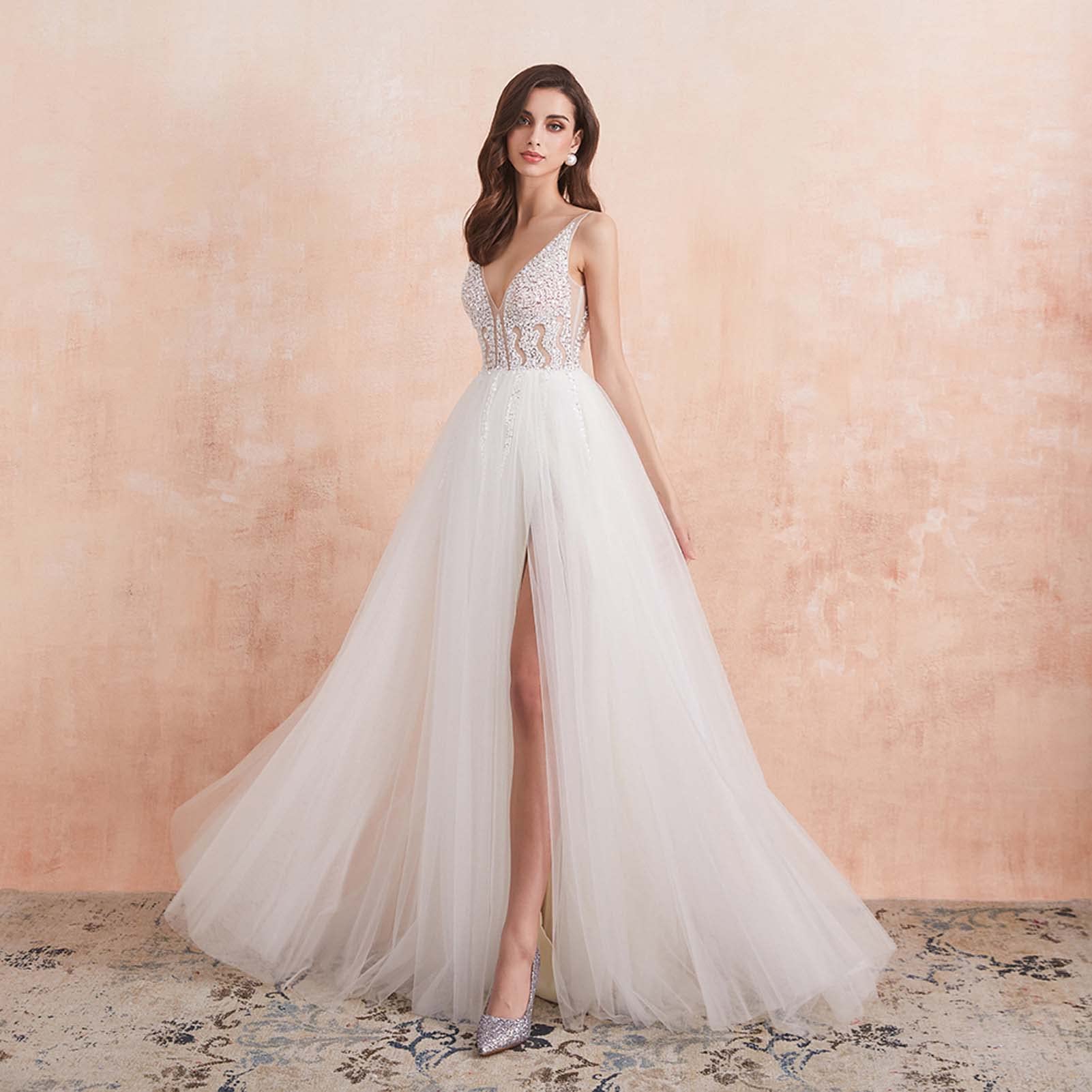 Vestido de Novia de Encaje de Playa, Vestido de Novia de Calcomanía con Cuello V Y Vestido de Novia de Dama de Honor, Blanco, 14